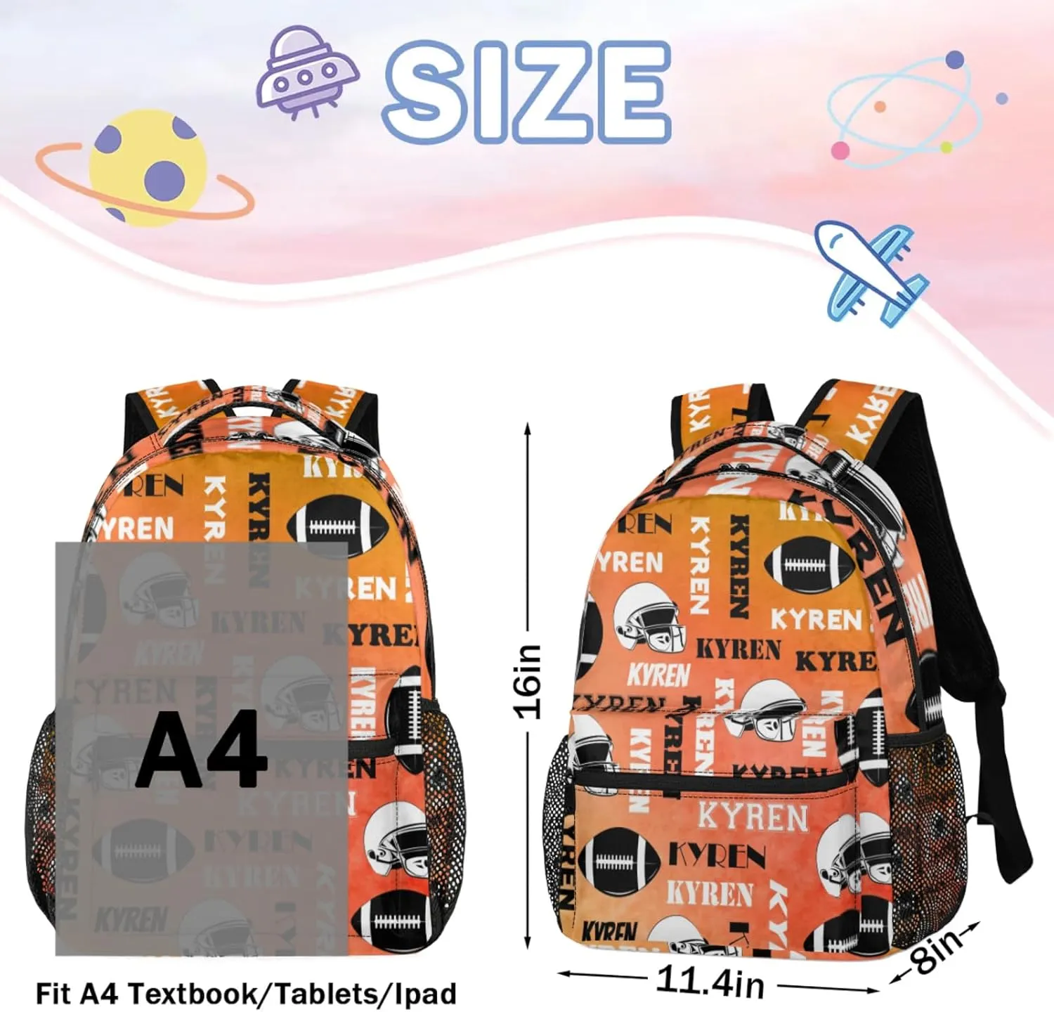 Custom Football Backpack for Men Women, Personalized Name Sports Bag Backpack, Laptop Backpacks Daypack for Travel Camping, Dark Orange