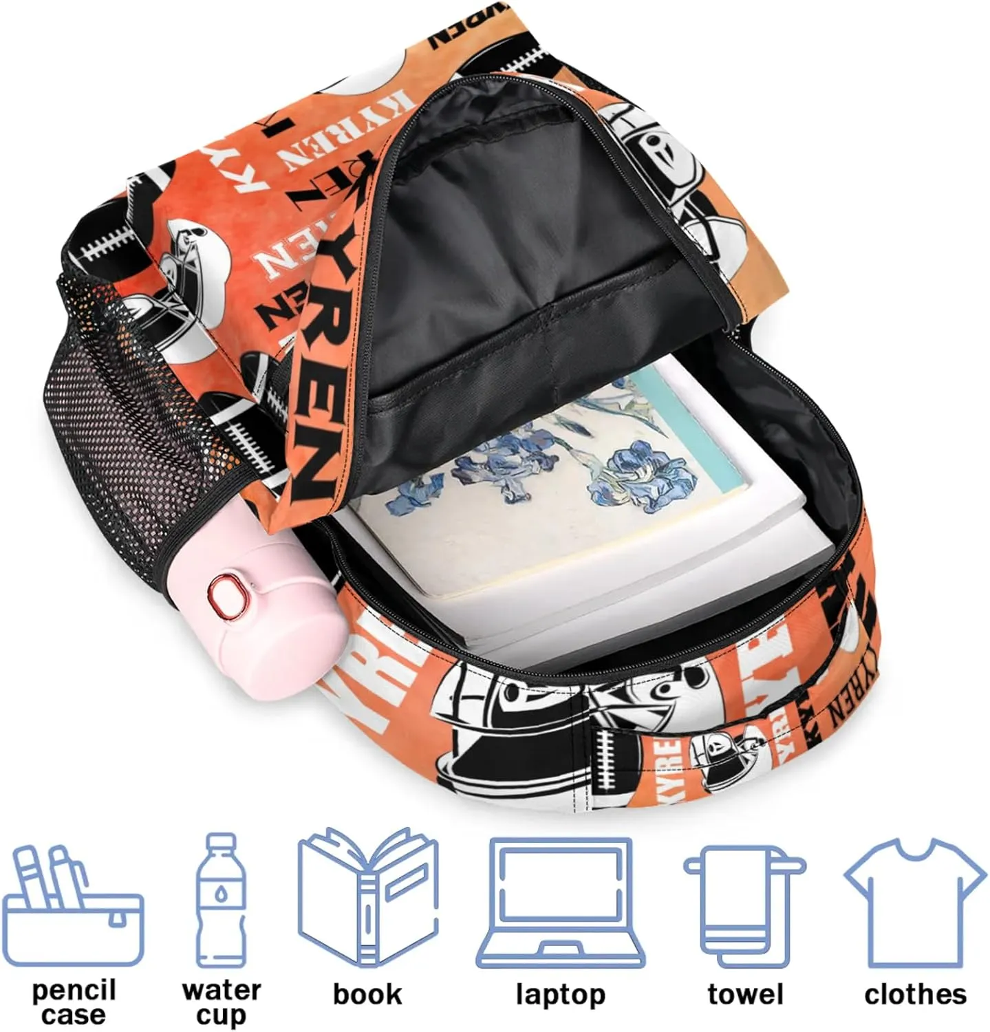 Custom Football Backpack for Men Women, Personalized Name Sports Bag Backpack, Laptop Backpacks Daypack for Travel Camping, Dark Orange