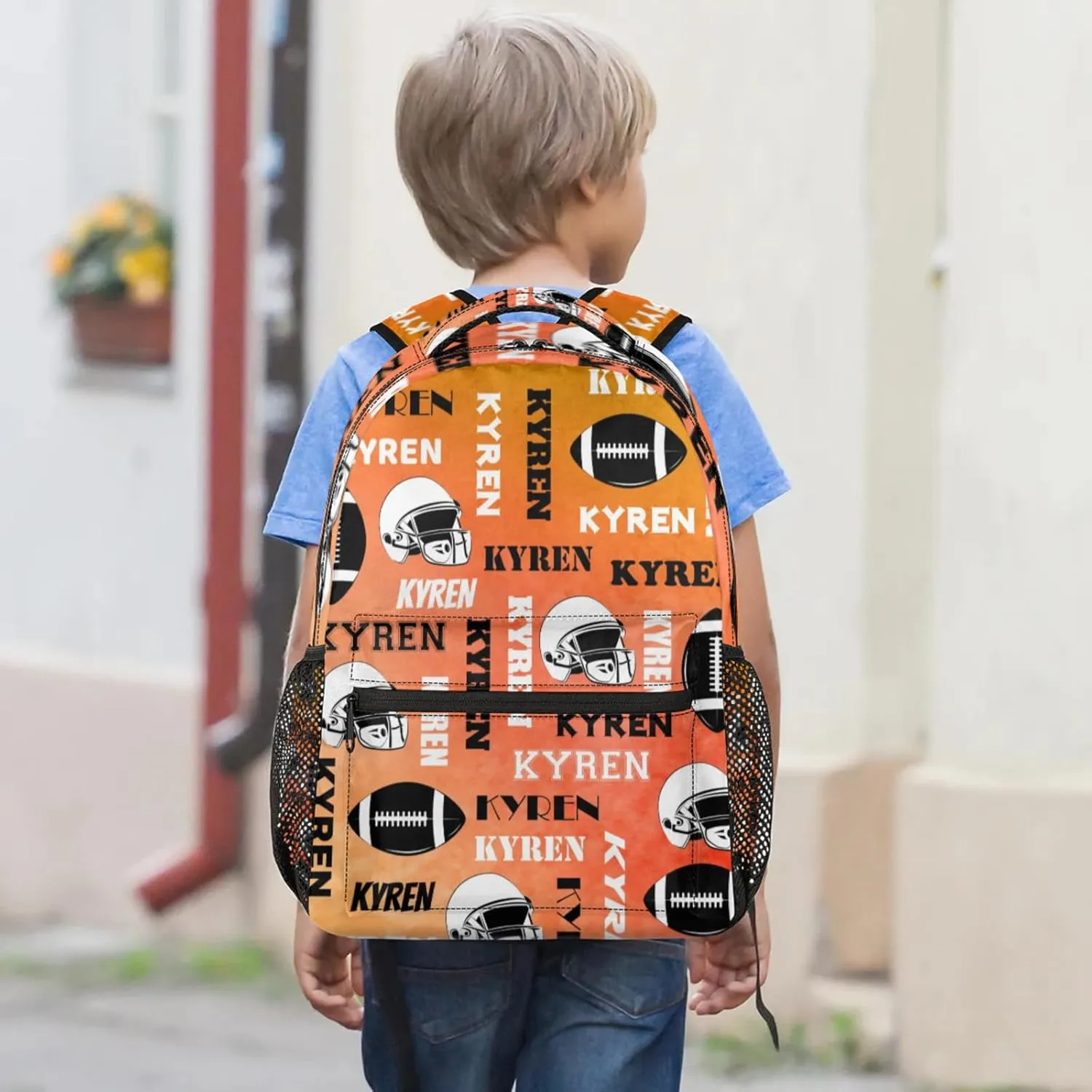 Custom Football Backpack for Men Women, Personalized Name Sports Bag Backpack, Laptop Backpacks Daypack for Travel Camping, Dark Orange
