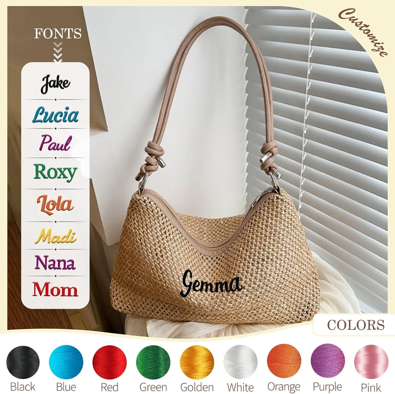Customizable Straw Beach Tote Bag for Women - Lightweight Crossbody Shoulder Bag Adjustable Strap, Summer Gift