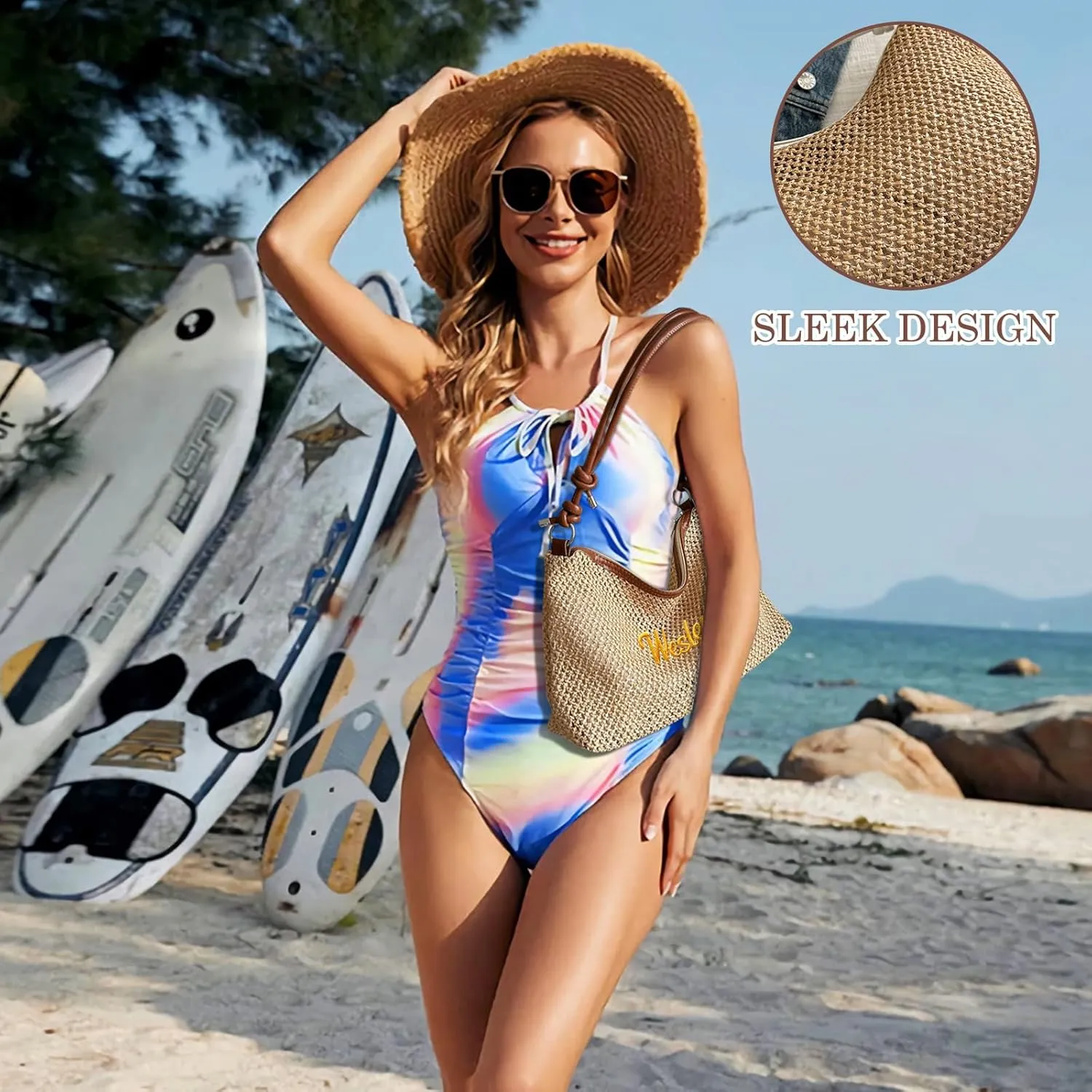 Customizable Straw Beach Tote Bag for Women - Lightweight Crossbody Shoulder Bag Adjustable Strap, Summer Gift
