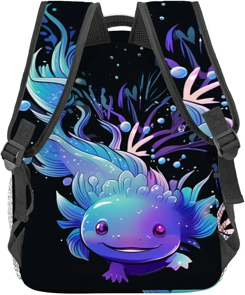 Cute Axolotl Backpack,Lovely Axolotls Polyester Backpacks, Lightweight Double Shoulder Back Pack for Kids Teens,Animal Dark Bookbag, School Bag Gifts,Casual Travel Daypack Book Packs
