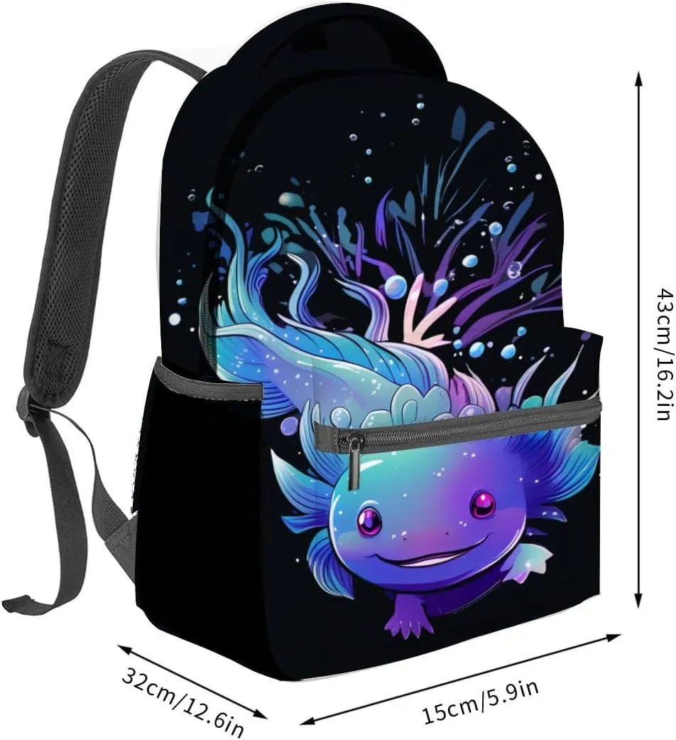 Cute Axolotl Backpack,Lovely Axolotls Polyester Backpacks, Lightweight Double Shoulder Back Pack for Kids Teens,Animal Dark Bookbag, School Bag Gifts,Casual Travel Daypack Book Packs