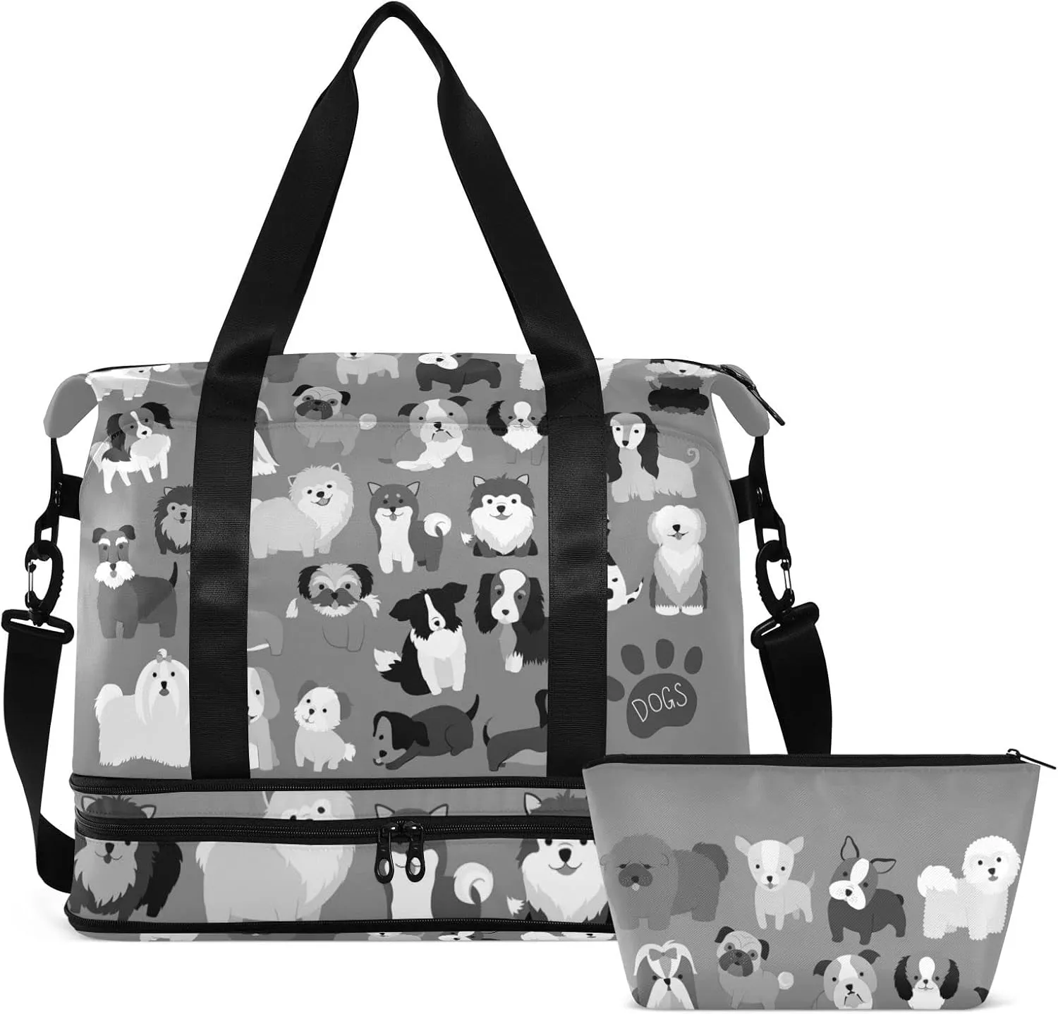 Cute Black Grey White Dogs Puppies Set Seamless on Dark Grey Gym Duffel Bag, Polyester Travel Weekender Luggage Handbag with Waterproof Pocket for Wet Items, Unisex Foldable Tote for Sports