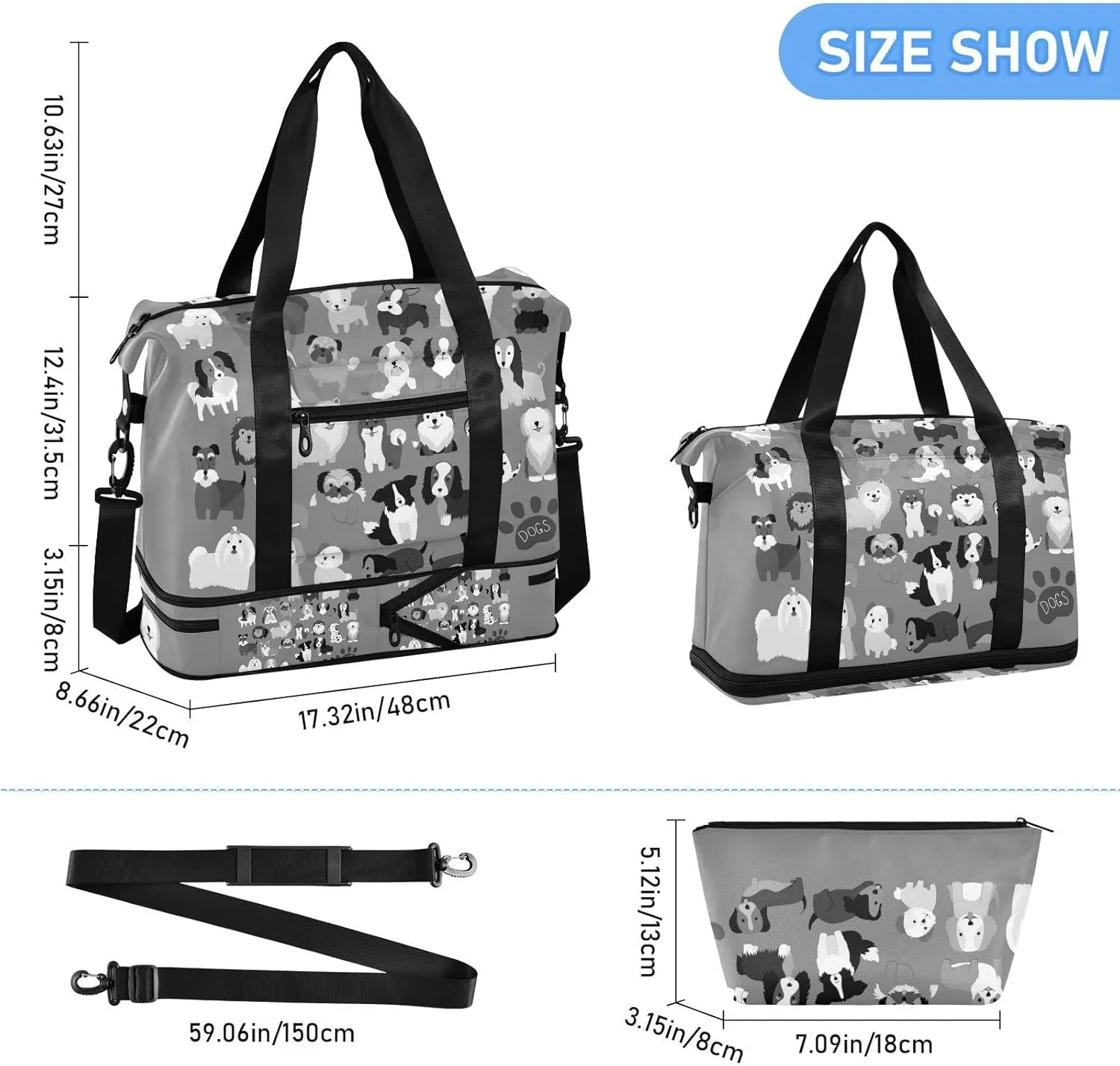 Cute Black Grey White Dogs Puppies Set Seamless on Dark Grey Gym Duffel Bag, Polyester Travel Weekender Luggage Handbag with Waterproof Pocket for Wet Items, Unisex Foldable Tote for Sports
