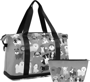 Cute Black Grey White Dogs Puppies Set Seamless on Dark Grey Gym Duffel Bag, Polyester Travel Weekender Luggage Handbag with Waterproof Pocket for Wet Items, Unisex Foldable Tote for Sports