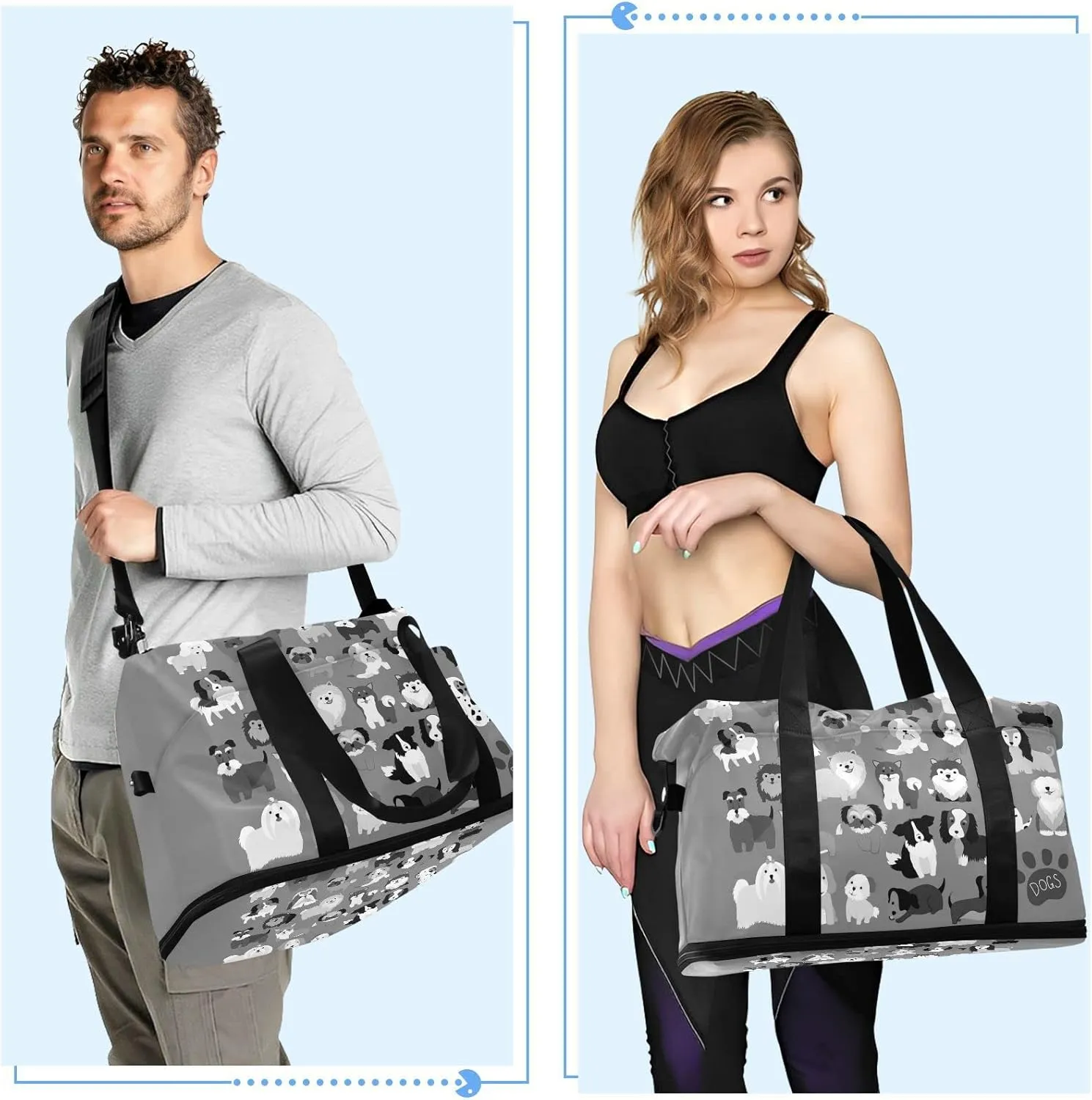Cute Black Grey White Dogs Puppies Set Seamless on Dark Grey Gym Duffel Bag, Polyester Travel Weekender Luggage Handbag with Waterproof Pocket for Wet Items, Unisex Foldable Tote for Sports