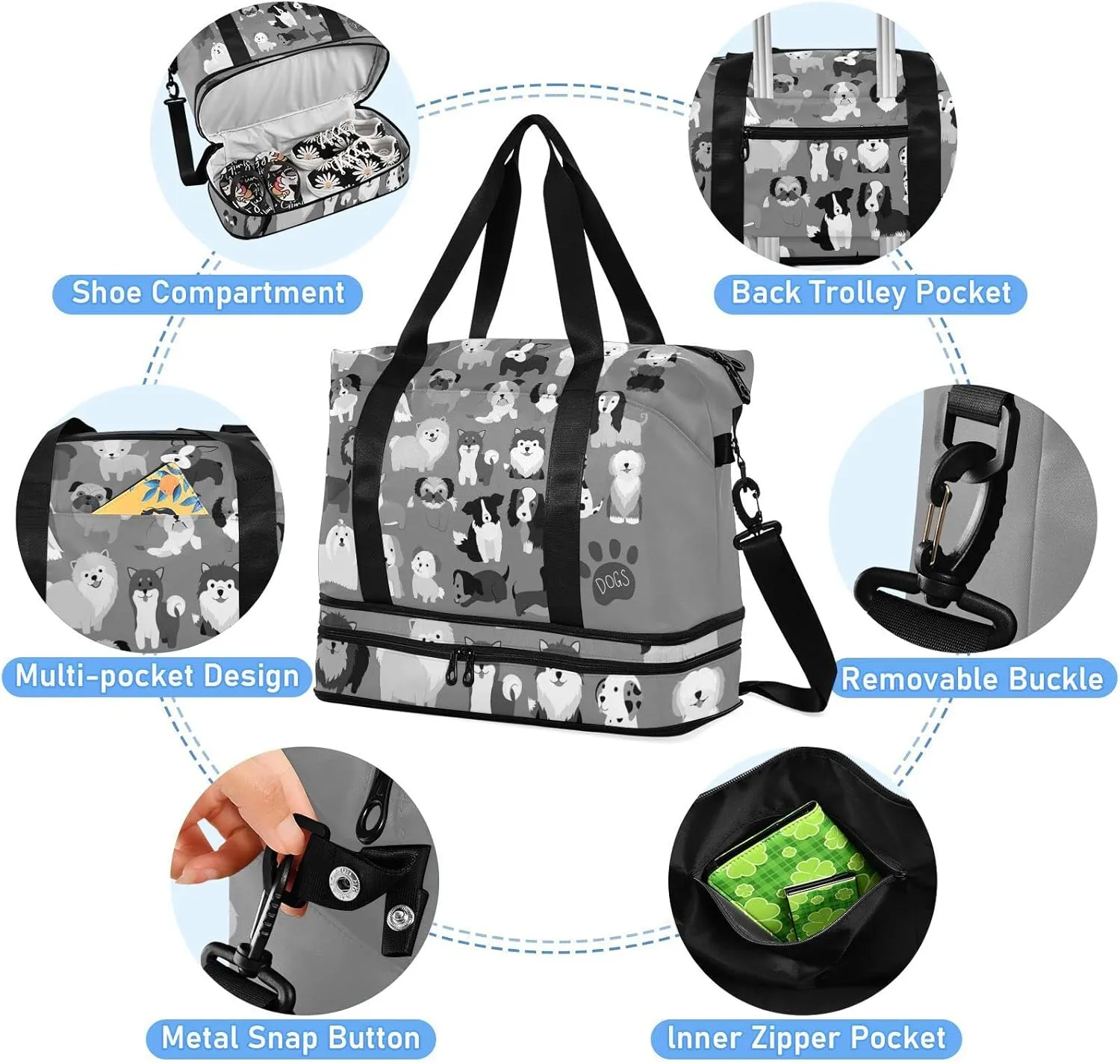 Cute Black Grey White Dogs Puppies Set Seamless on Dark Grey Gym Duffel Bag, Polyester Travel Weekender Luggage Handbag with Waterproof Pocket for Wet Items, Unisex Foldable Tote for Sports