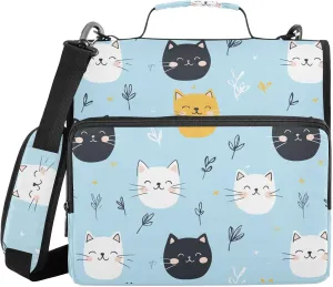 Cute Cat Face Leaves Blue Zipper Binder with Shoulder Strap Trapper Keeper 3 Ring Binder Organizer Large Capacity Multiple Compartments for School Office