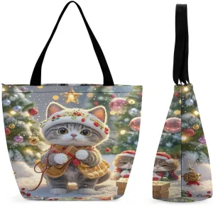 Cute Cat Sing Christmas Carols Tote Bags Reusable Grocery Bags Shopping Zippered Tote for Office Graduation Travel