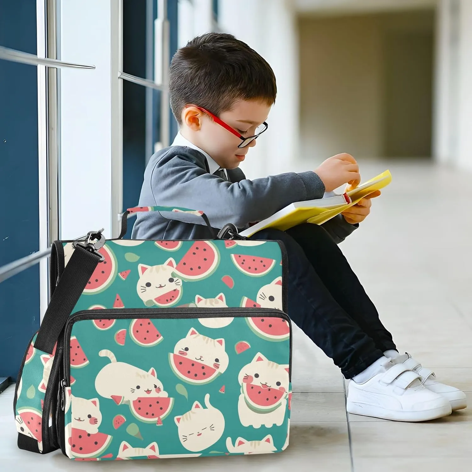 Cute Summer Cute Cats Watermelon Waterproof Zippered Binder Bag with Shoulder Strap & Handle for Middle Student 3 Rings