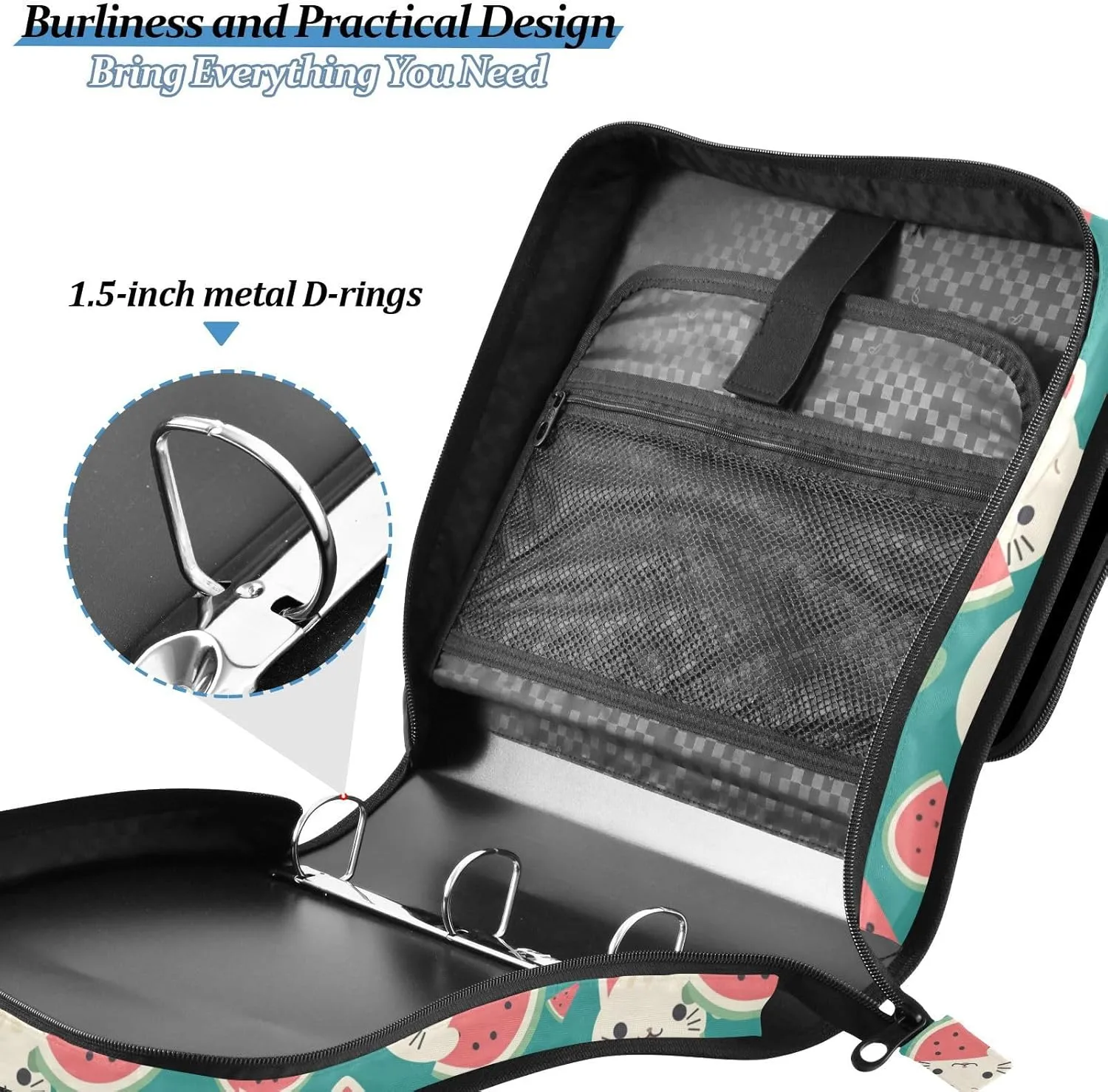 Cute Summer Cute Cats Watermelon Waterproof Zippered Binder Bag with Shoulder Strap & Handle for Middle Student 3 Rings