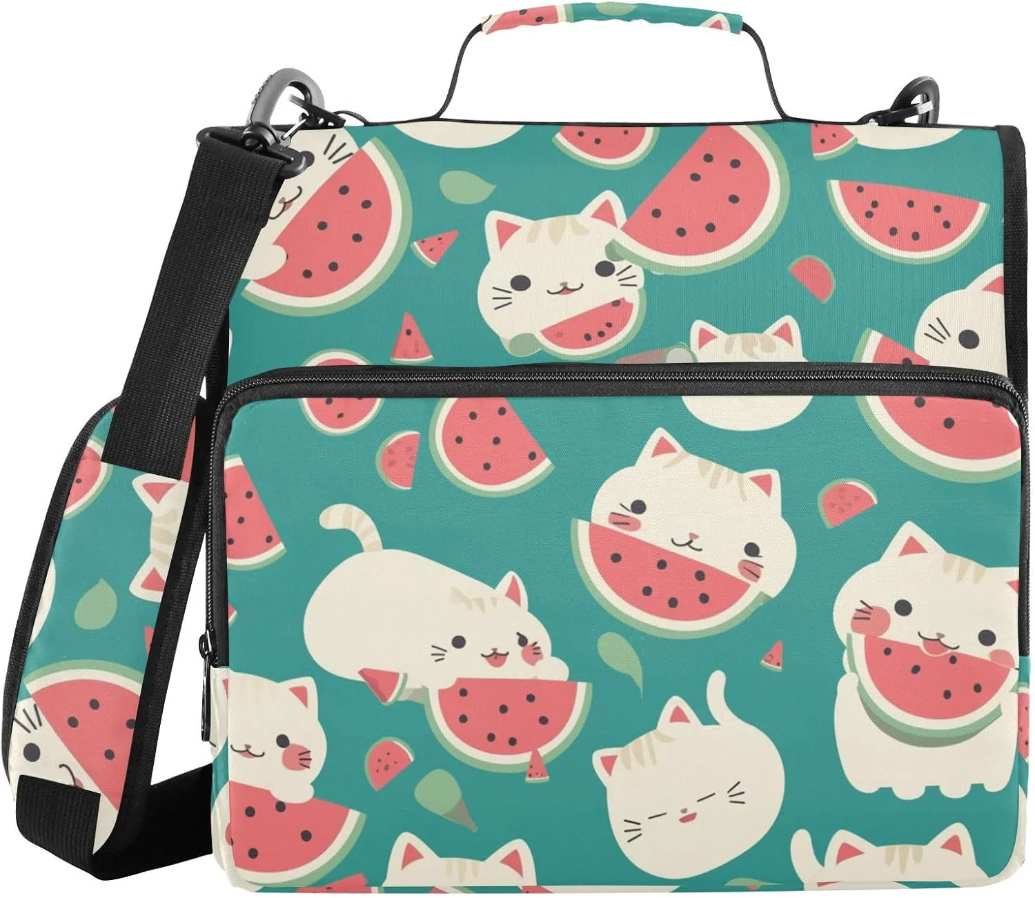 Cute Summer Cute Cats Watermelon Waterproof Zippered Binder Bag with Shoulder Strap & Handle for Middle Student 3 Rings