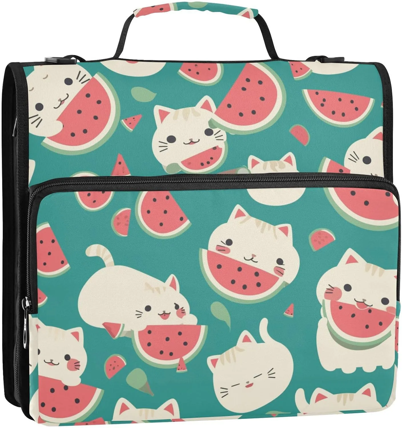 Cute Summer Cute Cats Watermelon Waterproof Zippered Binder Bag with Shoulder Strap & Handle for Middle Student 3 Rings