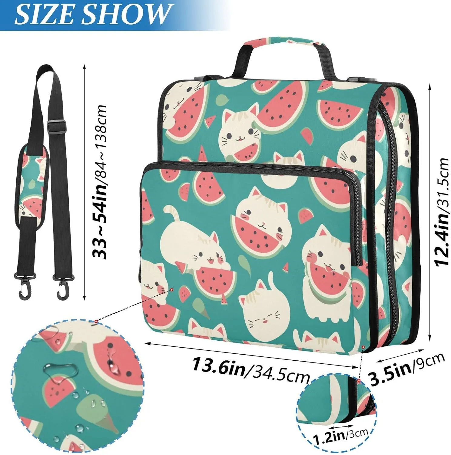 Cute Summer Cute Cats Watermelon Waterproof Zippered Binder Bag with Shoulder Strap & Handle for Middle Student 3 Rings