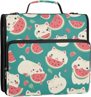 Cute Summer Cute Cats Watermelon Waterproof Zippered Binder Bag with Shoulder Strap & Handle for Middle Student 3 Rings