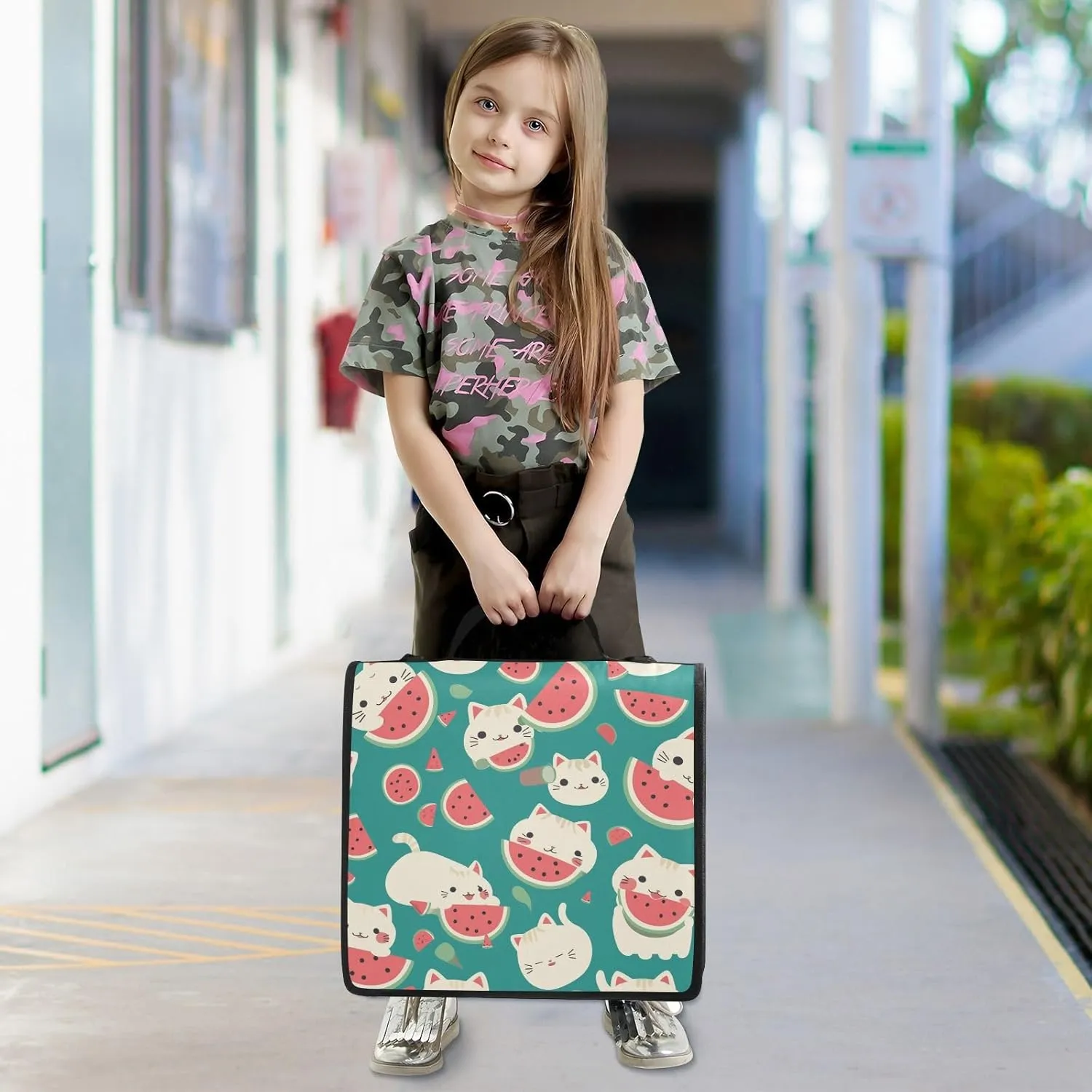 Cute Summer Cute Cats Watermelon Waterproof Zippered Binder Bag with Shoulder Strap & Handle for Middle Student 3 Rings
