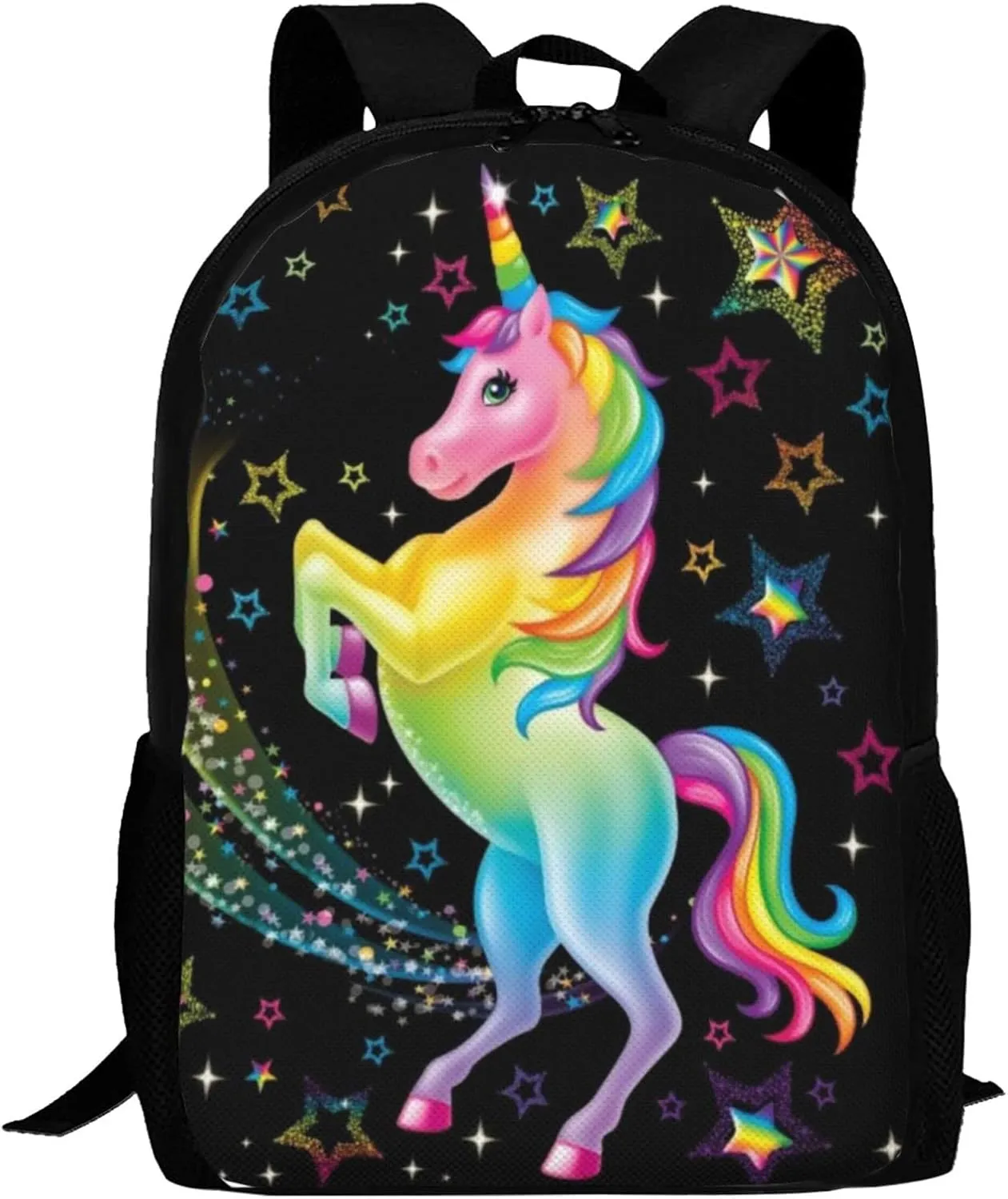 Cute Unicorn Backpack, Simple and Aesthetic Bookbag for Women, Lightweight Adjustable Black Backpack with Mesh Side Pockets for Travel Outdoor Sports, Large Capacity Laptop Bag for Business Office