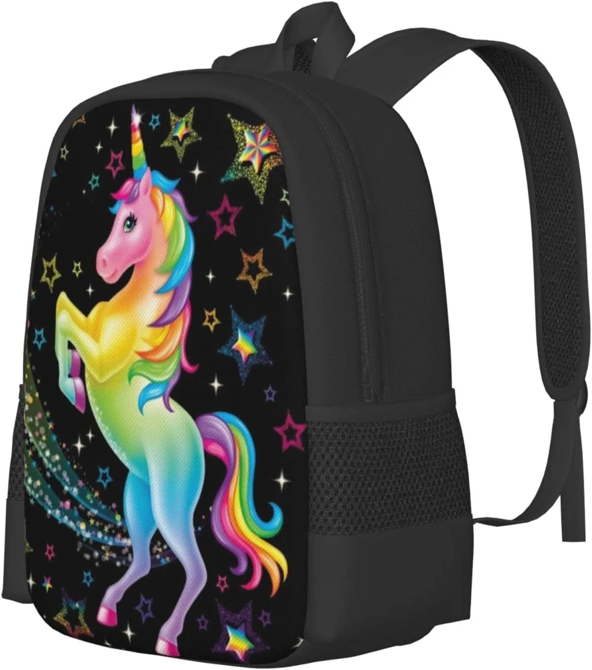 Cute Unicorn Backpack, Simple and Aesthetic Bookbag for Women, Lightweight Adjustable Black Backpack with Mesh Side Pockets for Travel Outdoor Sports, Large Capacity Laptop Bag for Business Office