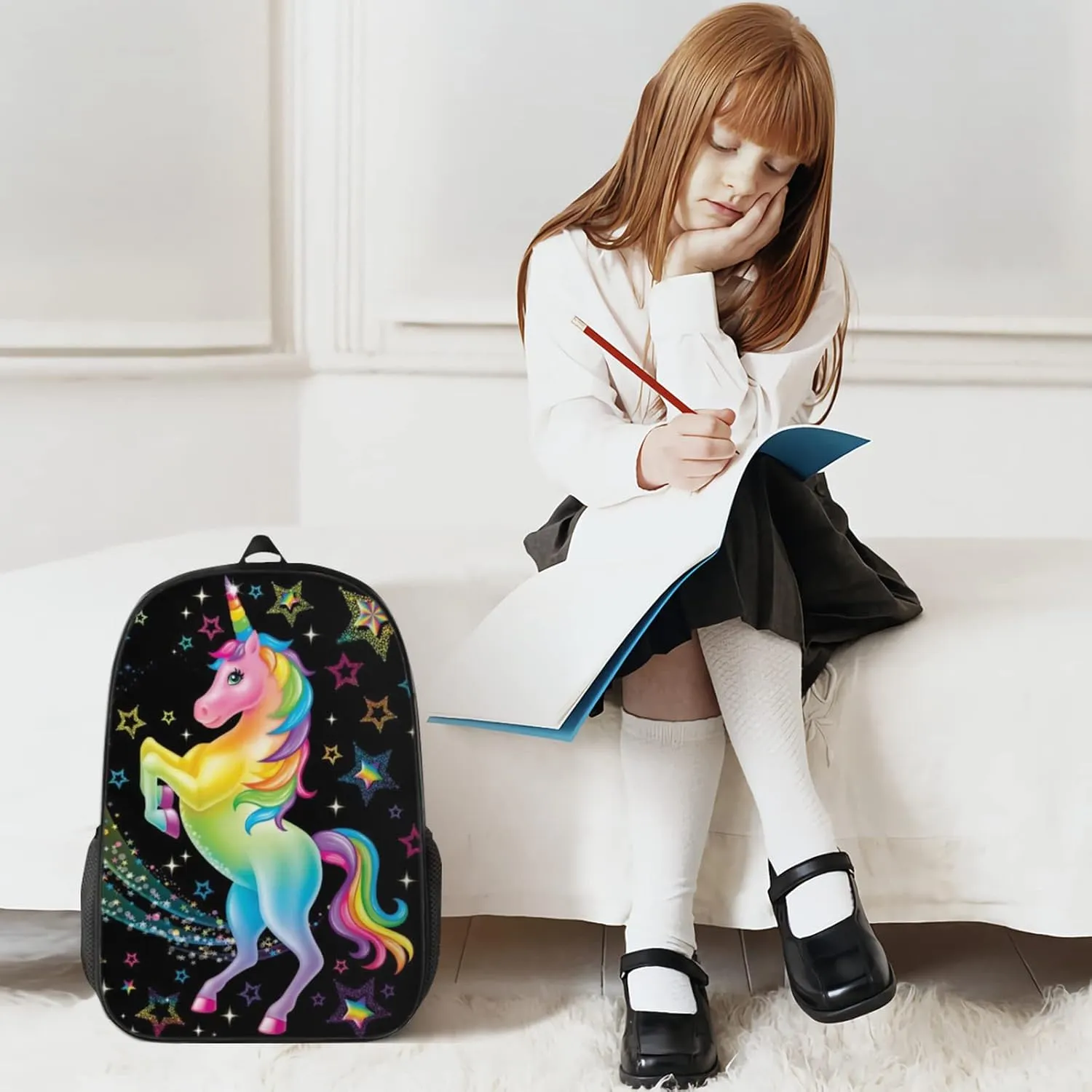 Cute Unicorn Backpack, Simple and Aesthetic Bookbag for Women, Lightweight Adjustable Black Backpack with Mesh Side Pockets for Travel Outdoor Sports, Large Capacity Laptop Bag for Business Office