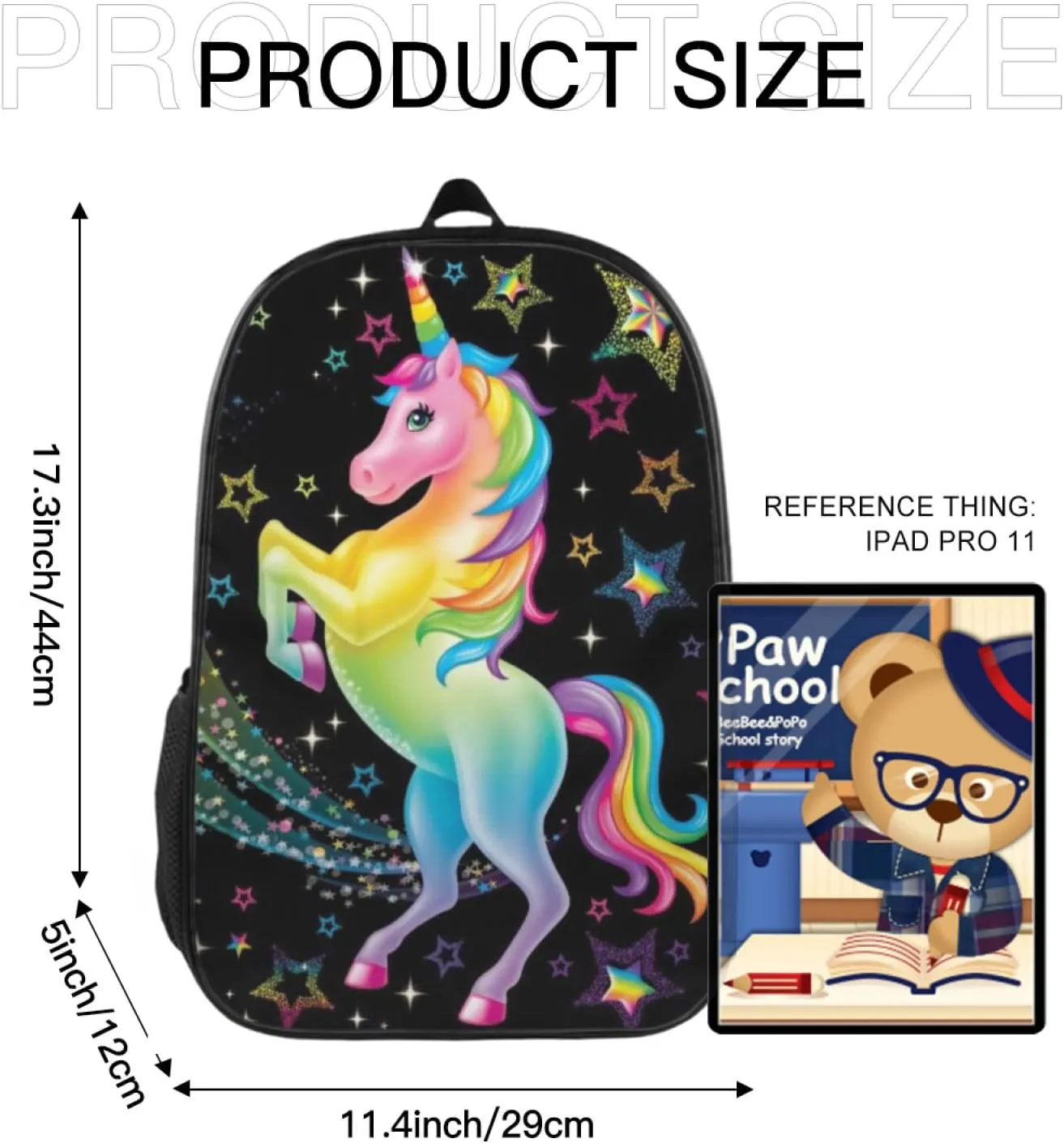 Cute Unicorn Backpack, Simple and Aesthetic Bookbag for Women, Lightweight Adjustable Black Backpack with Mesh Side Pockets for Travel Outdoor Sports, Large Capacity Laptop Bag for Business Office
