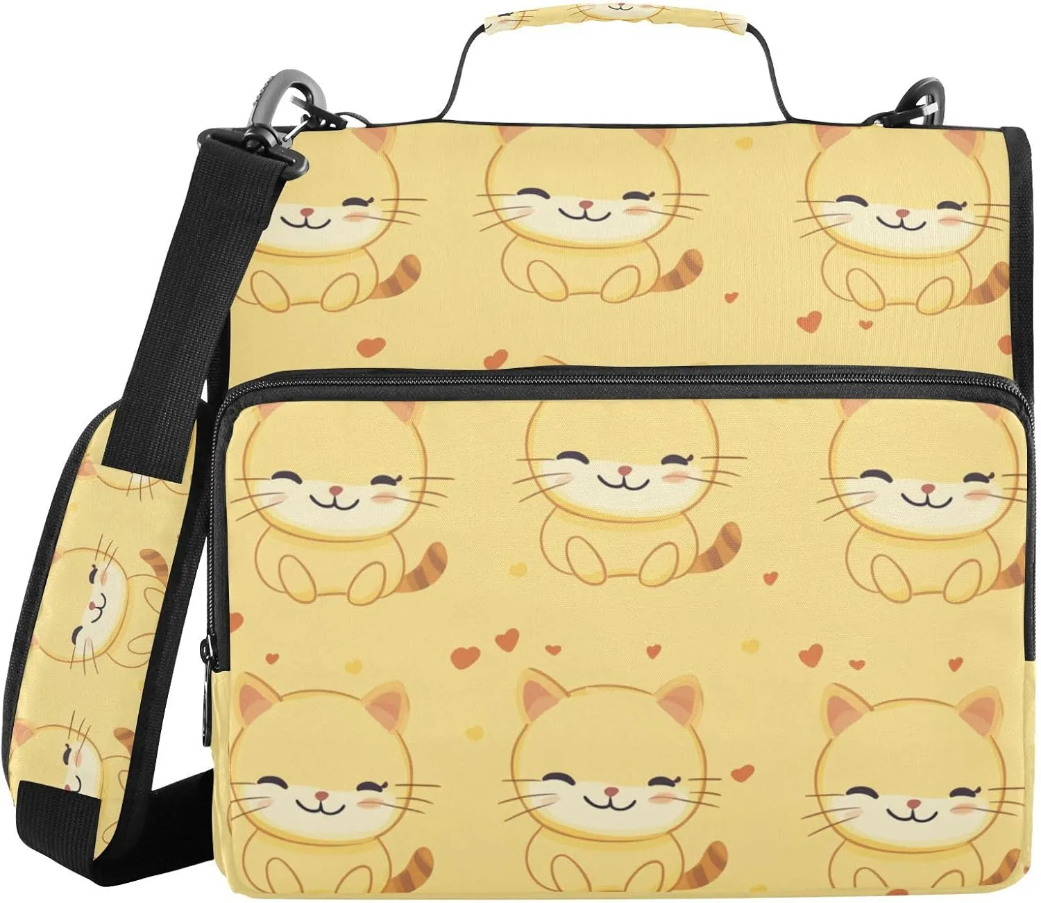 Cute Yellow Cats Hearts Zipper Binder with Shoulder Strap Trapper Keeper 3 Ring Binder Organizer Large Capacity Multiple Compartments for School Office