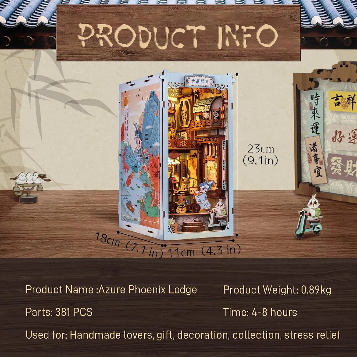 Cutefun Book Nook Kit, 3D Wooden Puzzle DIY Miniature House Kit, Book Nook Kits for Adults, Booknook with LED Light, Dollhouse Bookshelf Insert Decoration (Azure Phoenix Lodge)