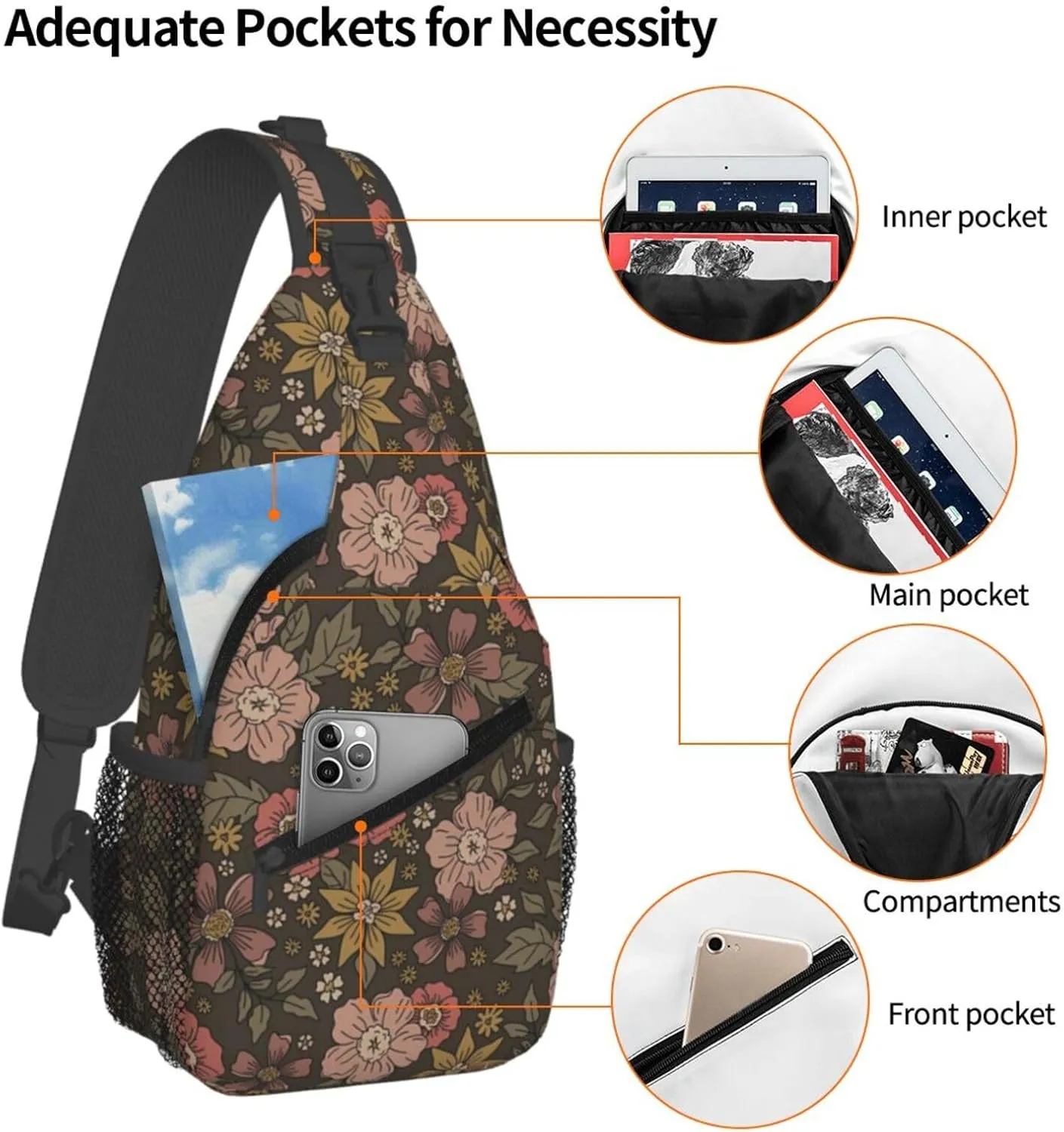 Dark Academia Florals Chest Sling Bag Crossbody Shoulder Backpack Bag Gym Cycling Daypack Travel Hiking Cross Bag