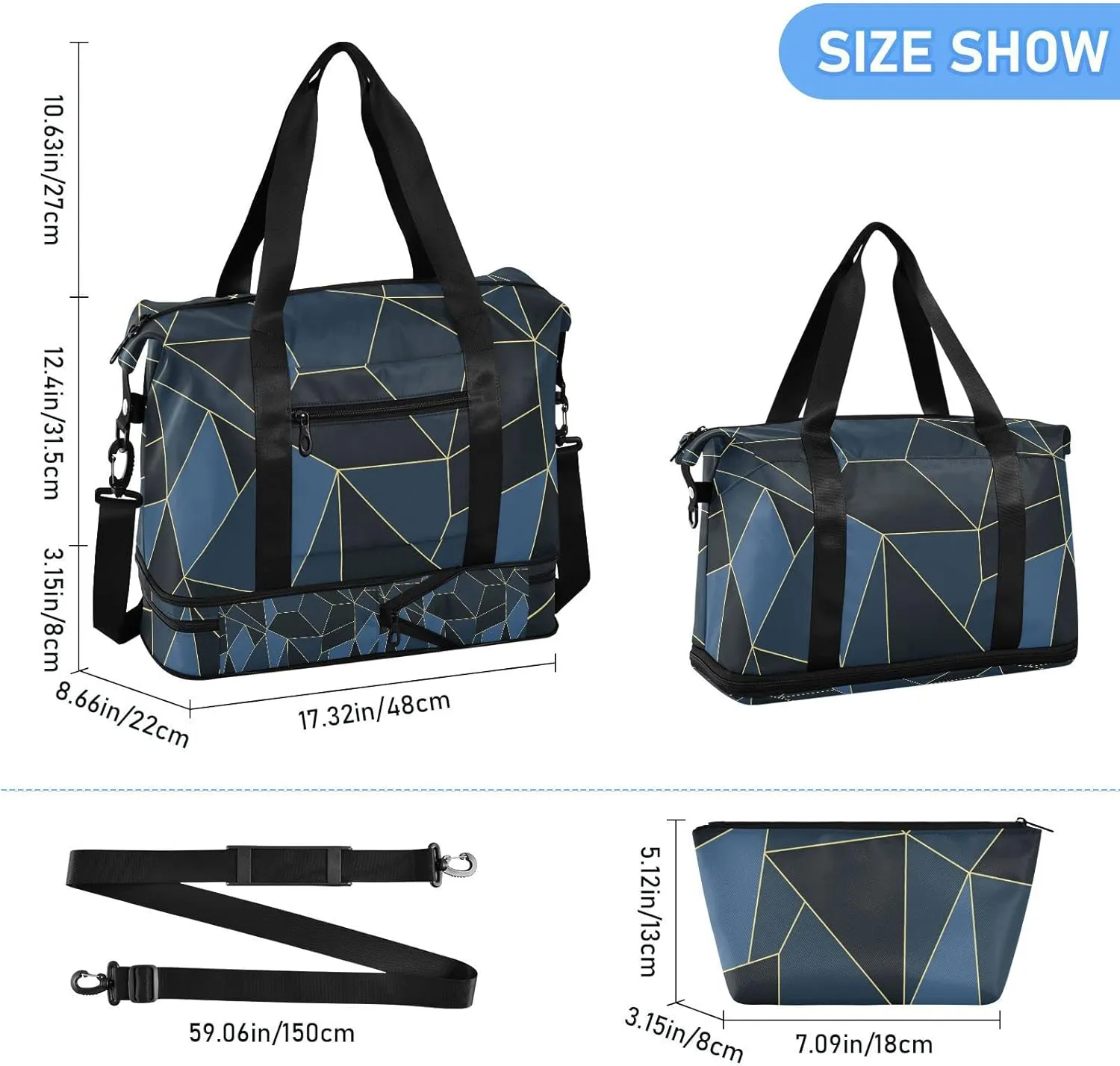 Dark Blue Black Marble Crystal Seamless Polygonal with Gold Lines Gym Duffel Bag, Polyester Travel Weekender Luggage Handbag with Waterproof Pocket for Wet Items, Unisex Foldable Tote for Sports