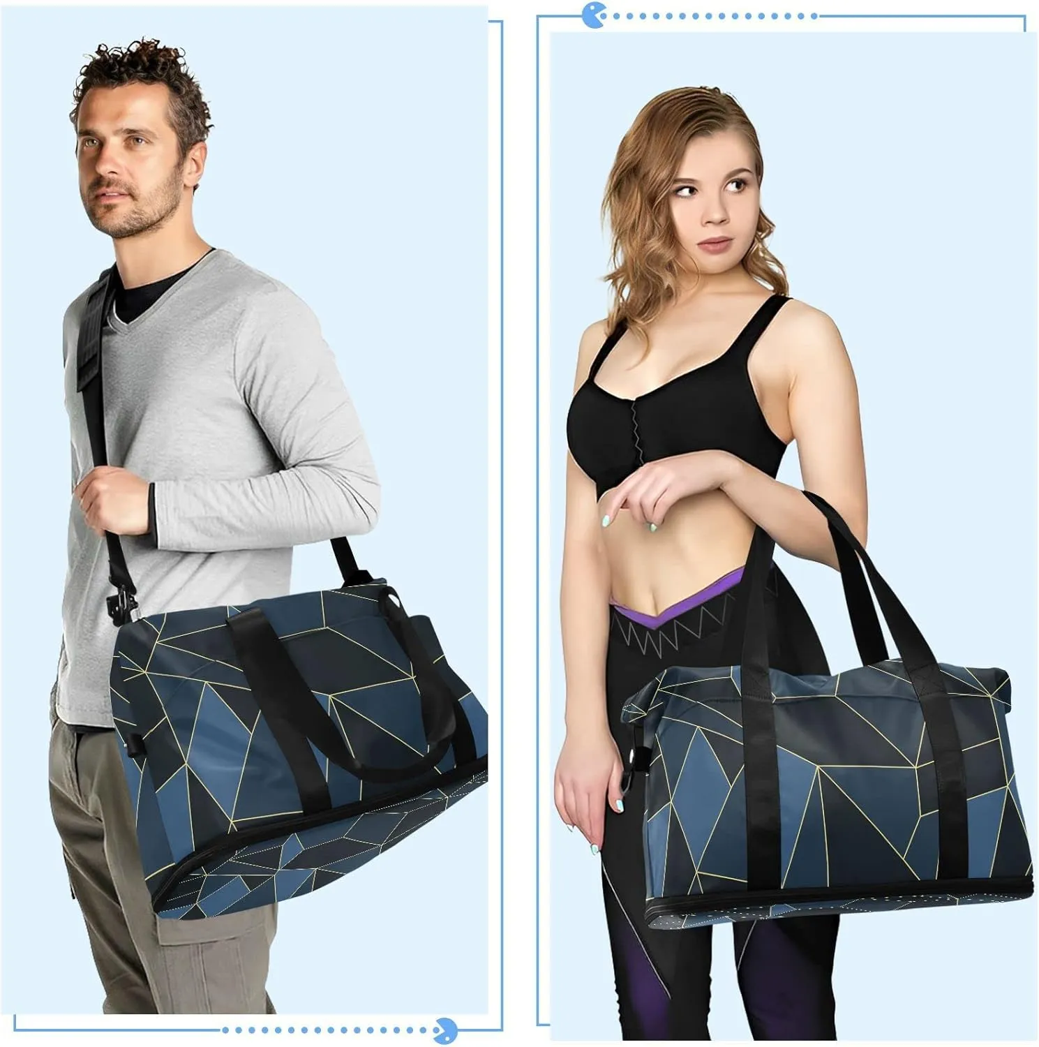 Dark Blue Black Marble Crystal Seamless Polygonal with Gold Lines Gym Duffel Bag, Polyester Travel Weekender Luggage Handbag with Waterproof Pocket for Wet Items, Unisex Foldable Tote for Sports