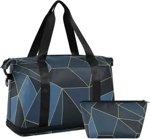 Dark Blue Black Marble Crystal Seamless Polygonal with Gold Lines Gym Duffel Bag, Polyester Travel Weekender Luggage Handbag with Waterproof Pocket for Wet Items, Unisex Foldable Tote for Sports