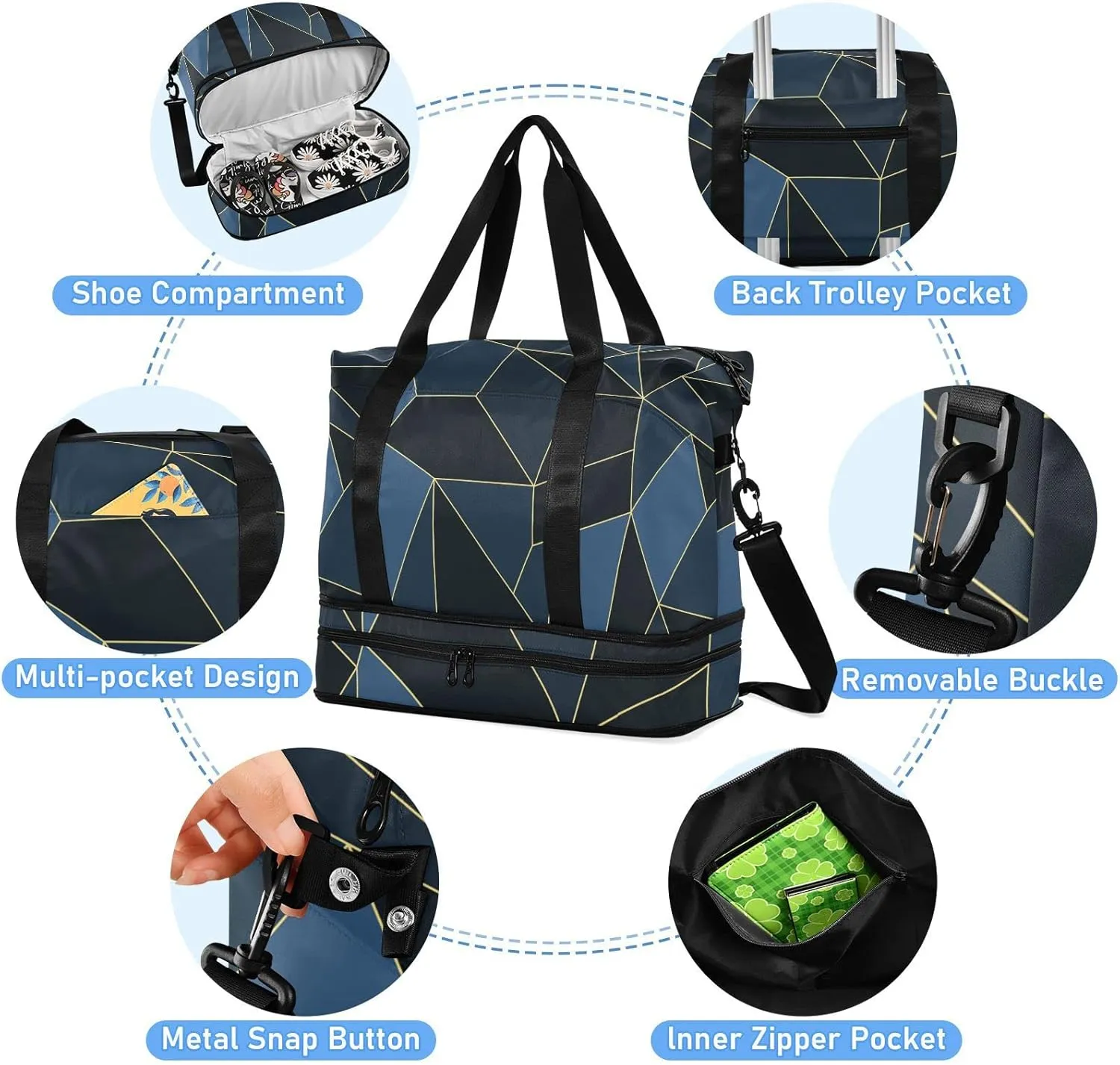 Dark Blue Black Marble Crystal Seamless Polygonal with Gold Lines Gym Duffel Bag, Polyester Travel Weekender Luggage Handbag with Waterproof Pocket for Wet Items, Unisex Foldable Tote for Sports