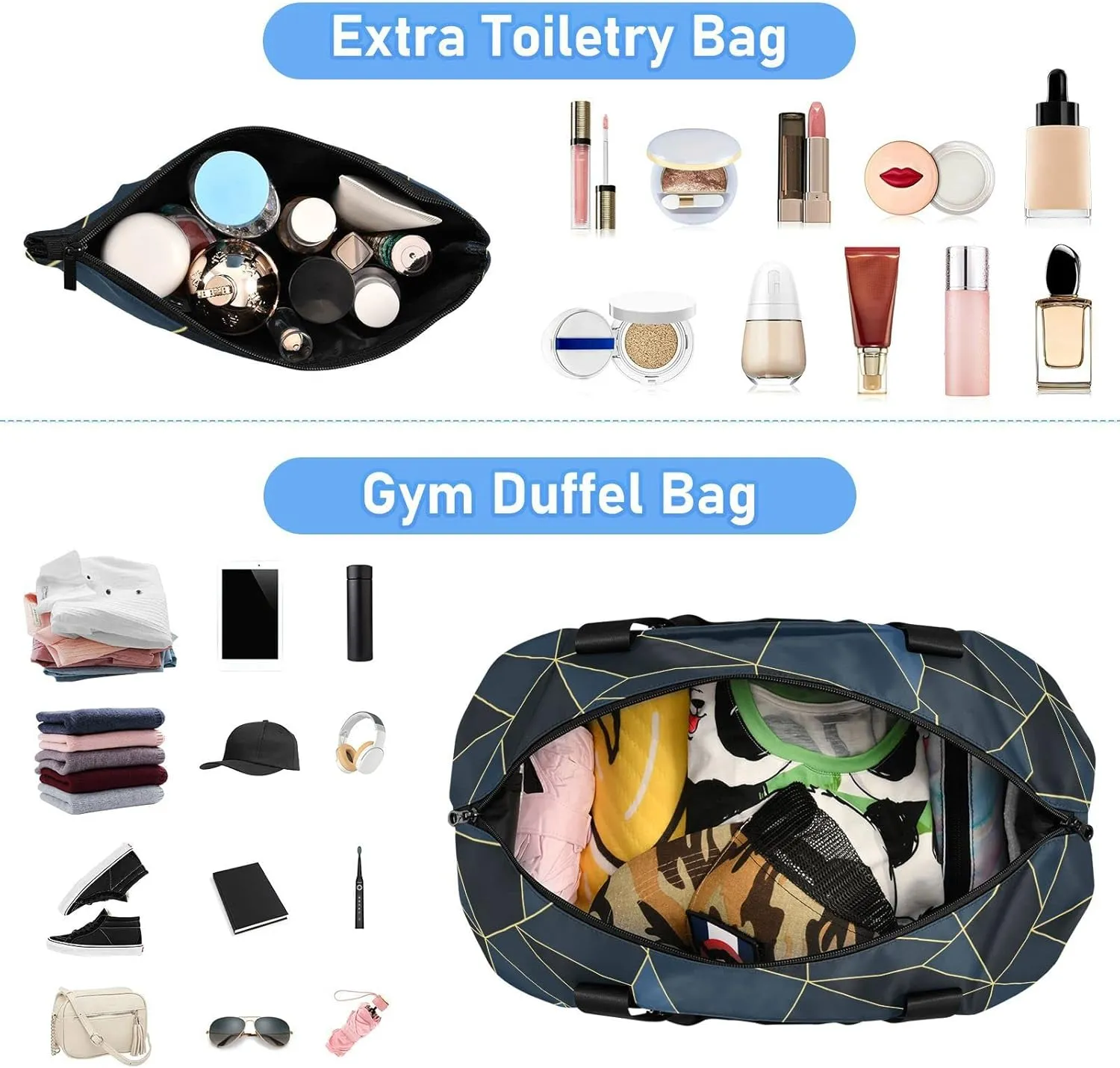 Dark Blue Black Marble Crystal Seamless Polygonal with Gold Lines Gym Duffel Bag, Polyester Travel Weekender Luggage Handbag with Waterproof Pocket for Wet Items, Unisex Foldable Tote for Sports