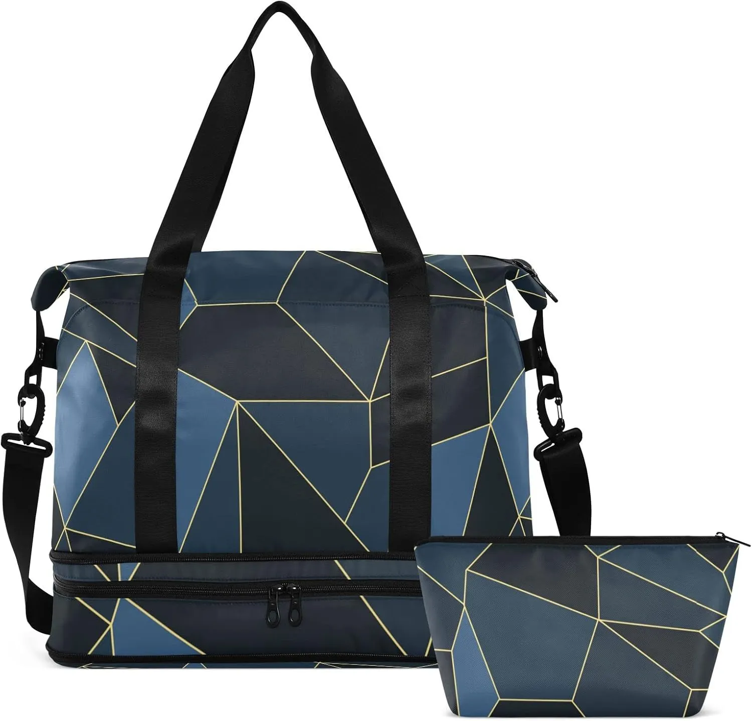 Dark Blue Black Marble Crystal Seamless Polygonal with Gold Lines Gym Duffel Bag, Polyester Travel Weekender Luggage Handbag with Waterproof Pocket for Wet Items, Unisex Foldable Tote for Sports