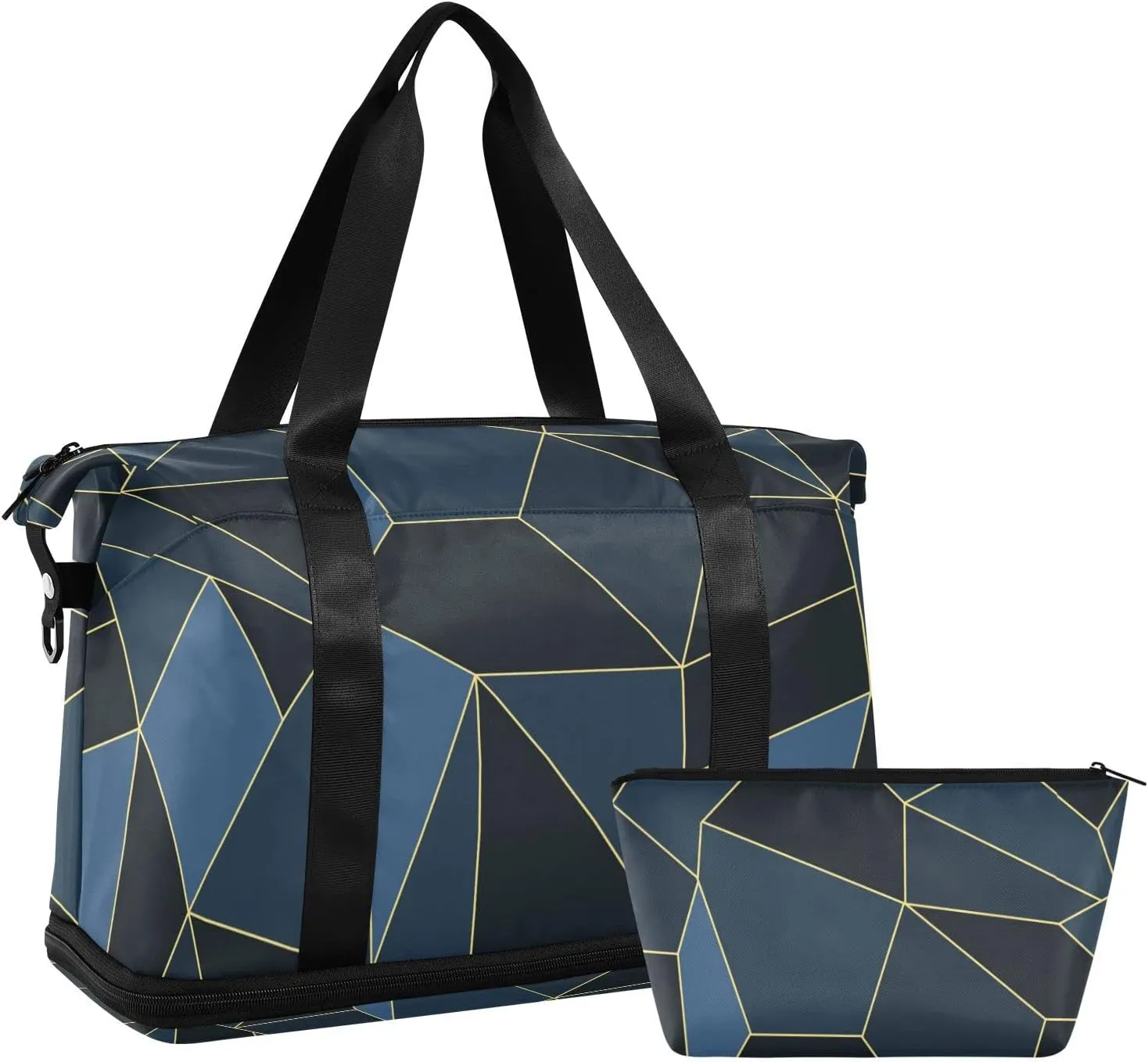 Dark Blue Black Marble Crystal Seamless Polygonal with Gold Lines Gym Duffel Bag, Polyester Travel Weekender Luggage Handbag with Waterproof Pocket for Wet Items, Unisex Foldable Tote for Sports
