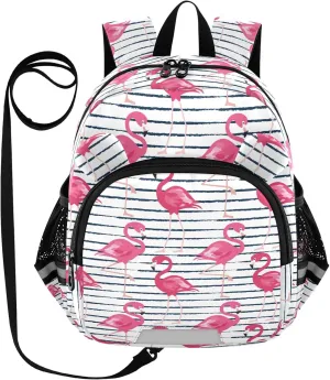 Dark Blue Grunge Preschool Backpack Stripes Pink Flamingo Daycare Bookbag School Backpack with Traction Rope for Kids 3-6