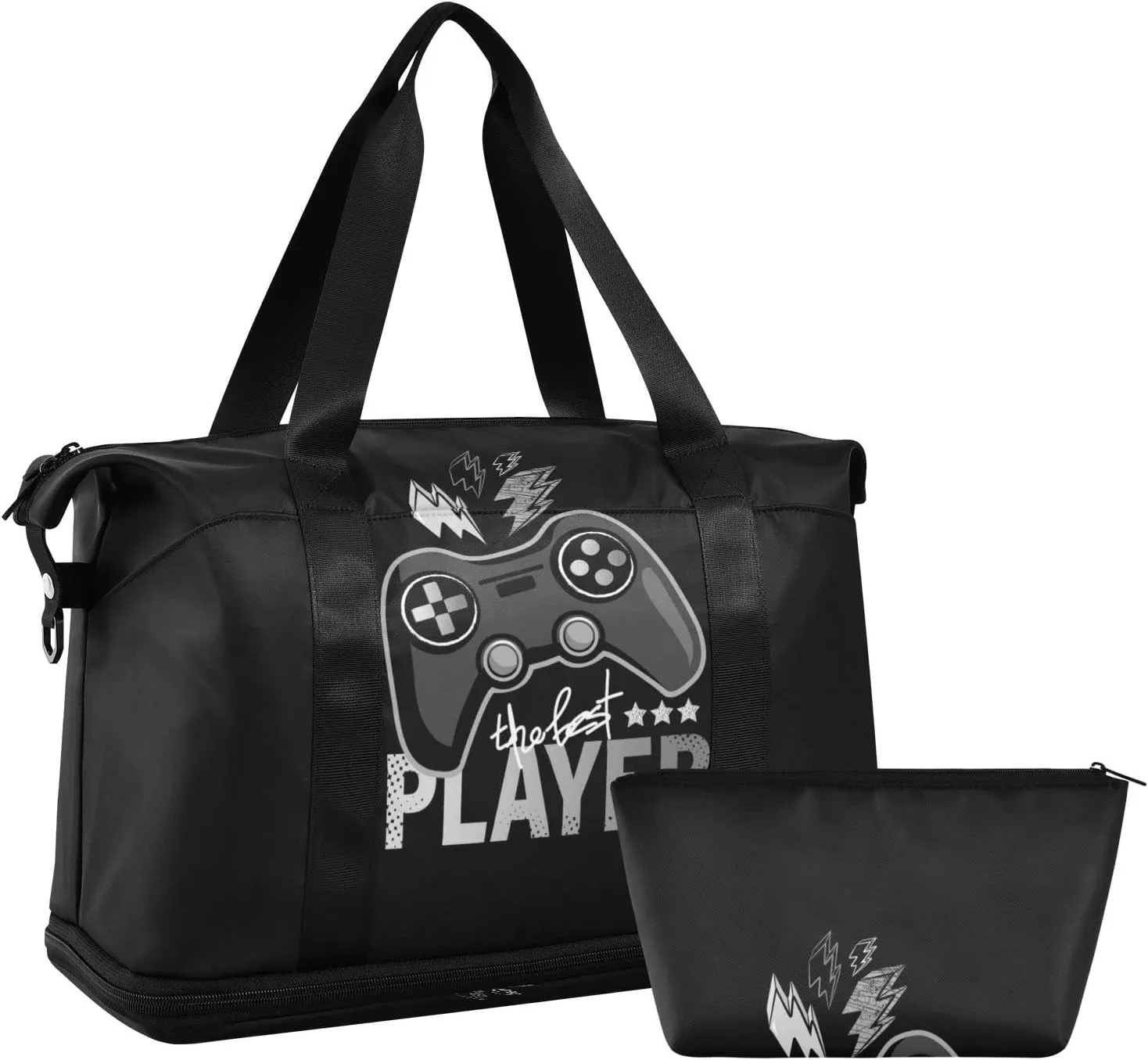 Dark Grey Game Joystick the Best Player Lightenings on Dark Gym Duffel Bag, Polyester Travel Weekender Luggage Handbag with Waterproof Pocket for Wet Items, Unisex Foldable Tote for Sports