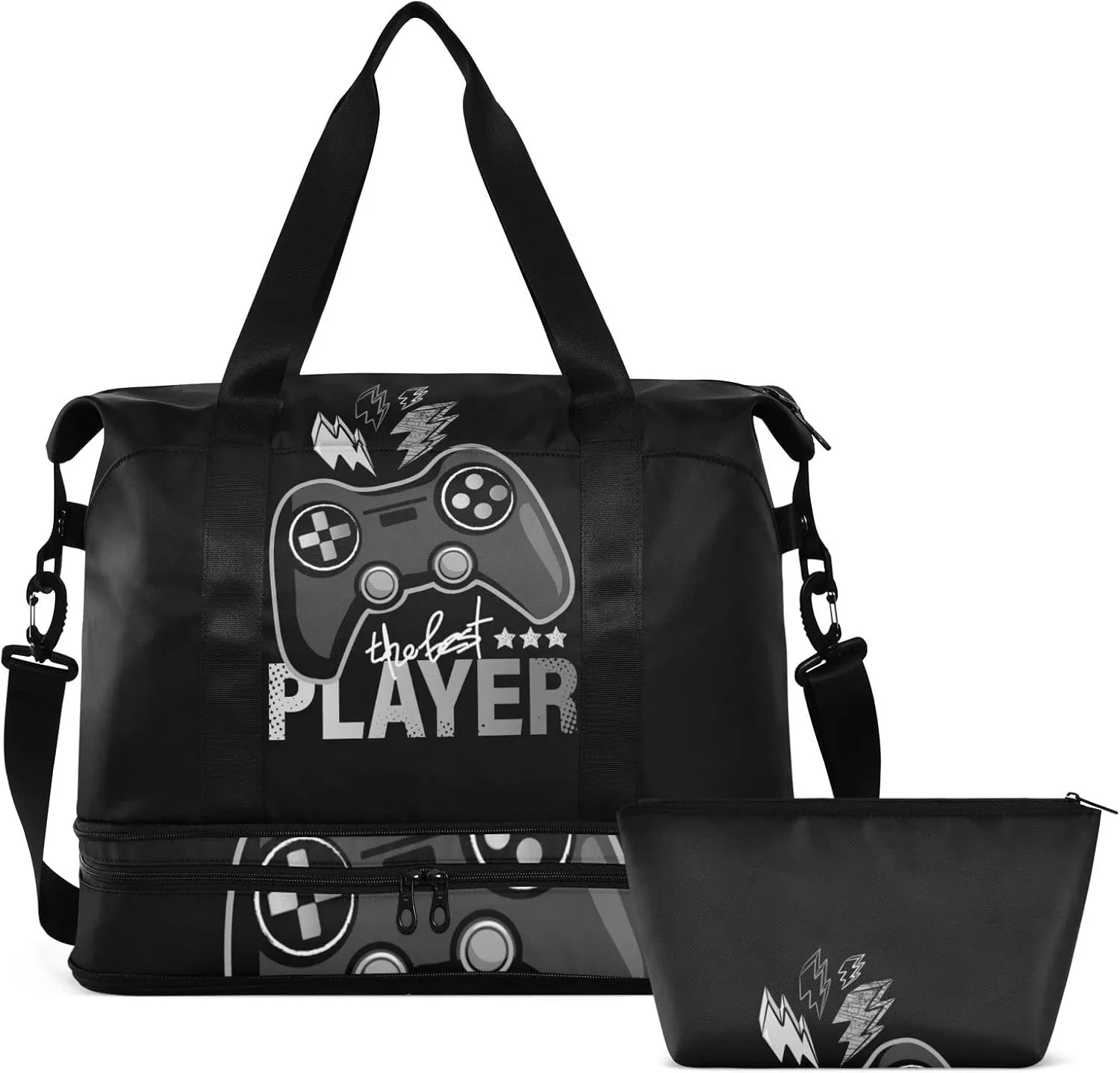 Dark Grey Game Joystick the Best Player Lightenings on Dark Gym Duffel Bag, Polyester Travel Weekender Luggage Handbag with Waterproof Pocket for Wet Items, Unisex Foldable Tote for Sports