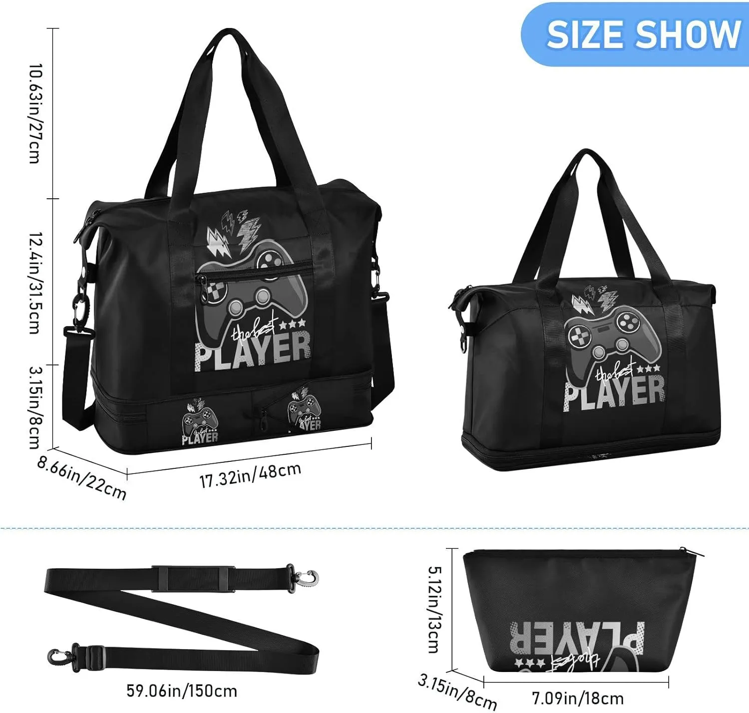 Dark Grey Game Joystick the Best Player Lightenings on Dark Gym Duffel Bag, Polyester Travel Weekender Luggage Handbag with Waterproof Pocket for Wet Items, Unisex Foldable Tote for Sports