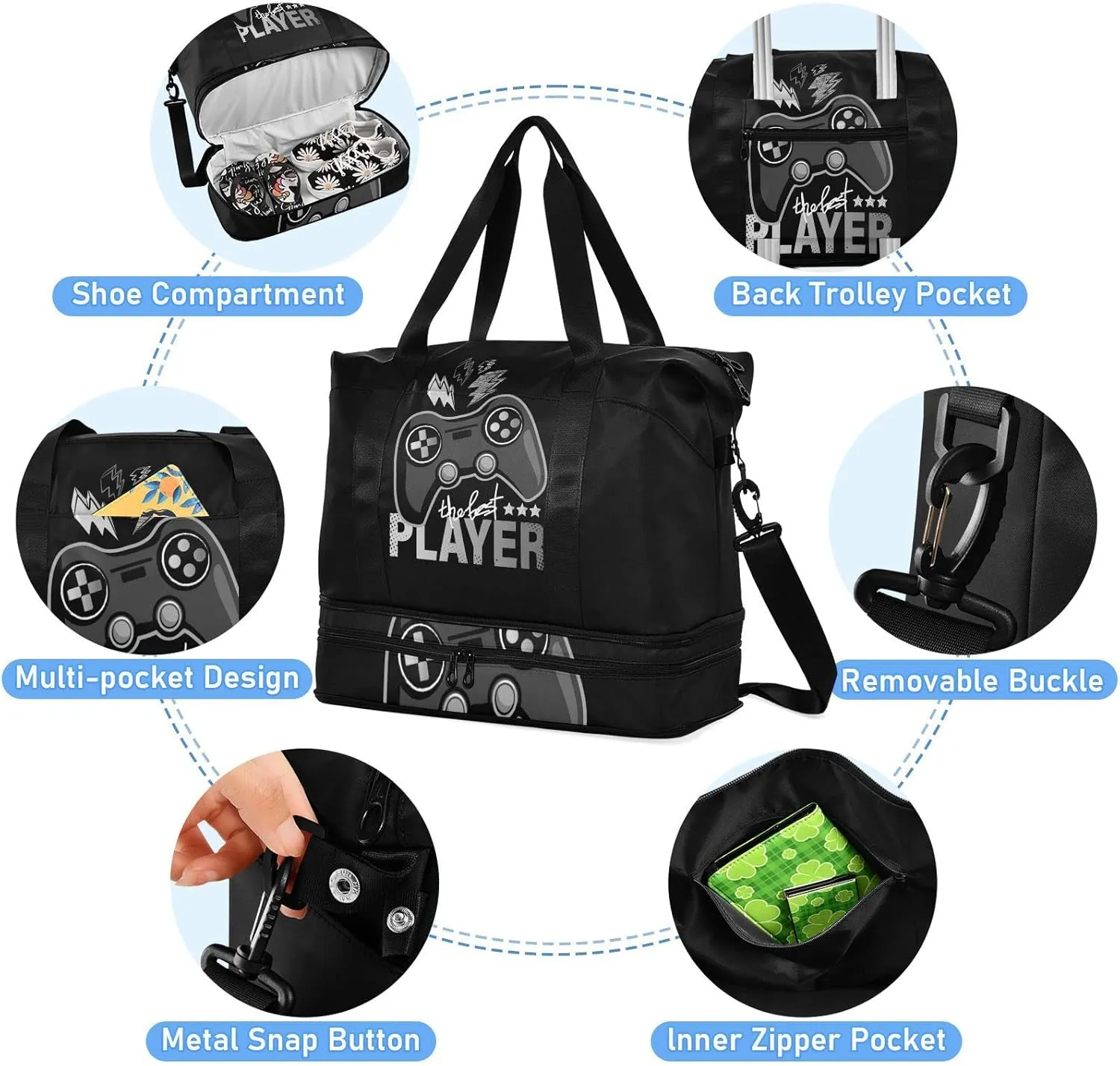 Dark Grey Game Joystick the Best Player Lightenings on Dark Gym Duffel Bag, Polyester Travel Weekender Luggage Handbag with Waterproof Pocket for Wet Items, Unisex Foldable Tote for Sports