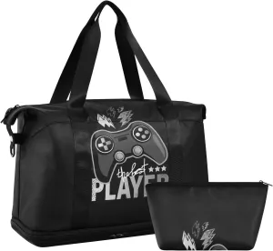 Dark Grey Game Joystick the Best Player Lightenings on Dark Gym Duffel Bag, Polyester Travel Weekender Luggage Handbag with Waterproof Pocket for Wet Items, Unisex Foldable Tote for Sports