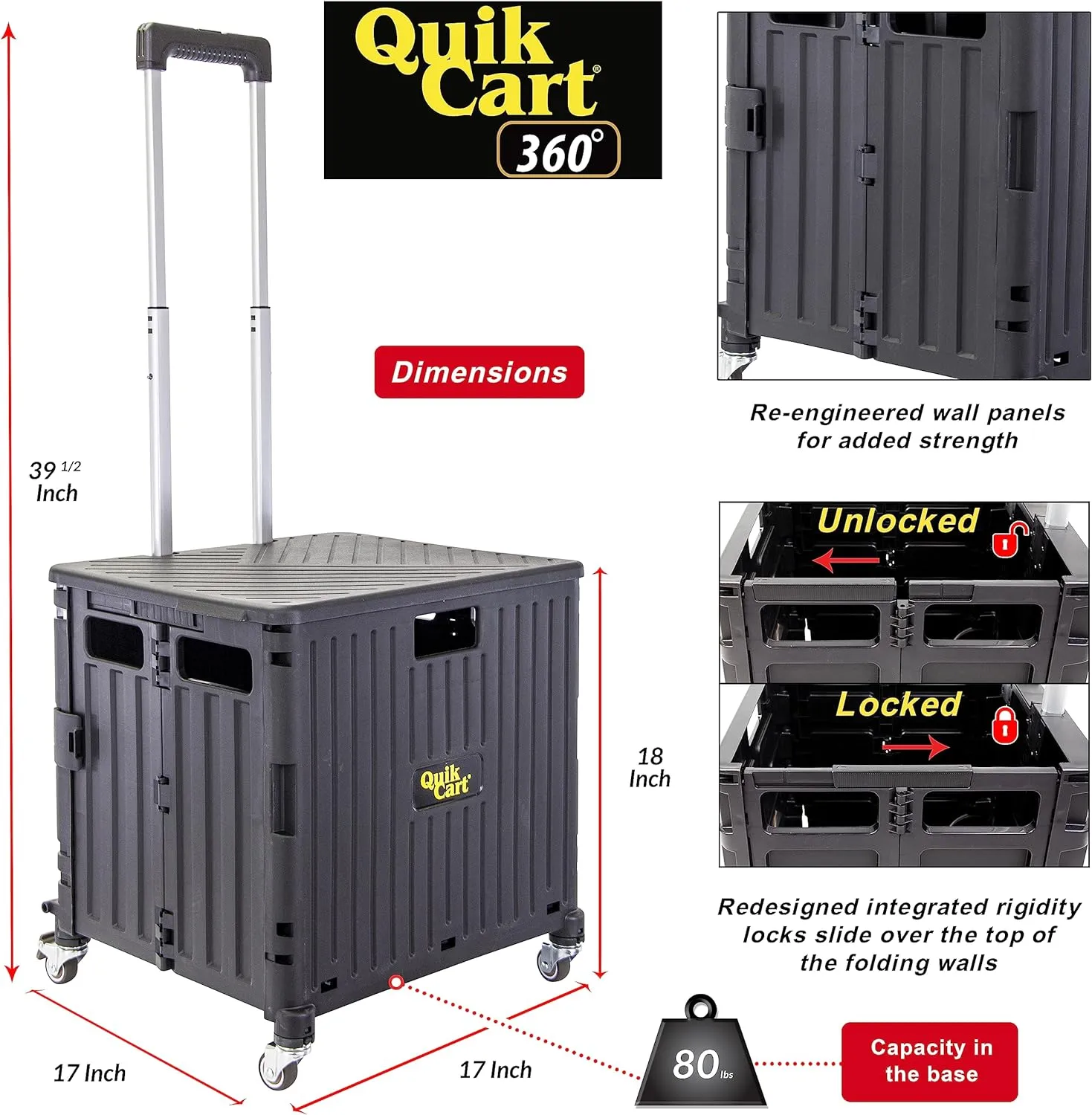dbest products Quik Cart 360 Four Wheeled Rolling Crate Teacher Utility with seat Heavy Duty Collapsible Basket with Handle, Black