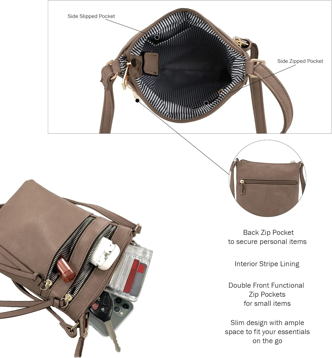 DELUXITY | Crossbody Purse Bag | Functional Multi Pocket Double Zipper Purse | Adjustable Strap | Medium Size Purse |Dark Taupe
