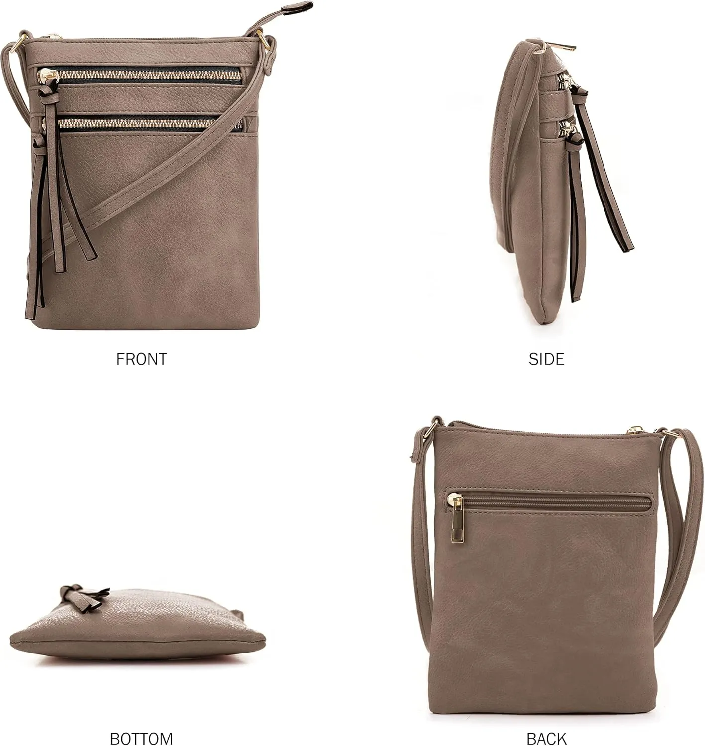DELUXITY | Crossbody Purse Bag | Functional Multi Pocket Double Zipper Purse | Adjustable Strap | Medium Size Purse |Dark Taupe
