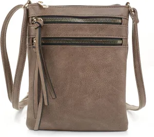 DELUXITY | Crossbody Purse Bag | Functional Multi Pocket Double Zipper Purse | Adjustable Strap | Medium Size Purse |Dark Taupe