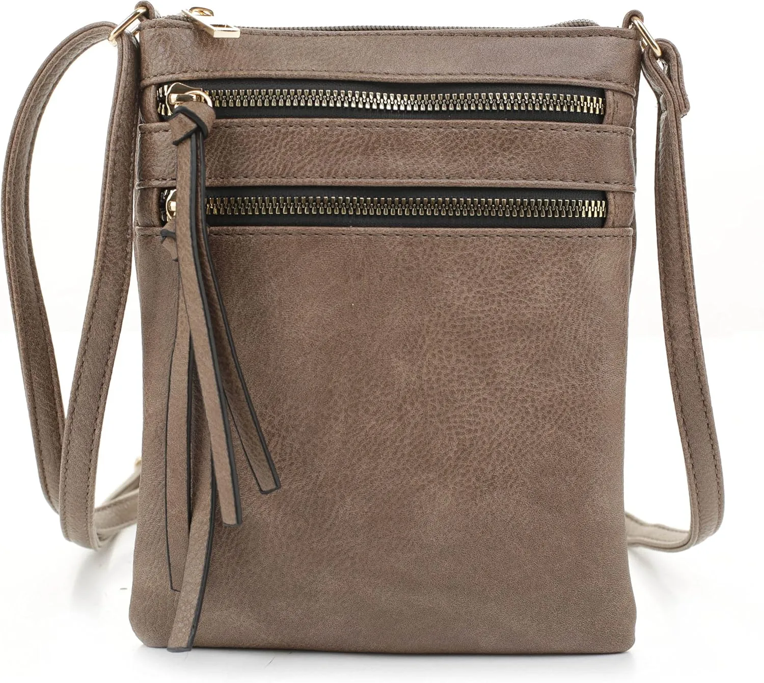 DELUXITY | Crossbody Purse Bag | Functional Multi Pocket Double Zipper Purse | Adjustable Strap | Medium Size Purse |Dark Taupe