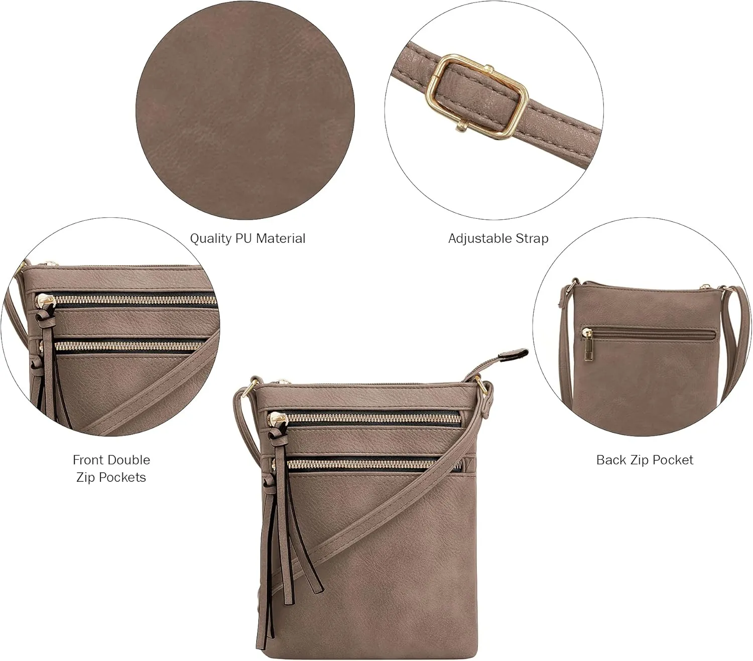 DELUXITY | Crossbody Purse Bag | Functional Multi Pocket Double Zipper Purse | Adjustable Strap | Medium Size Purse |Dark Taupe