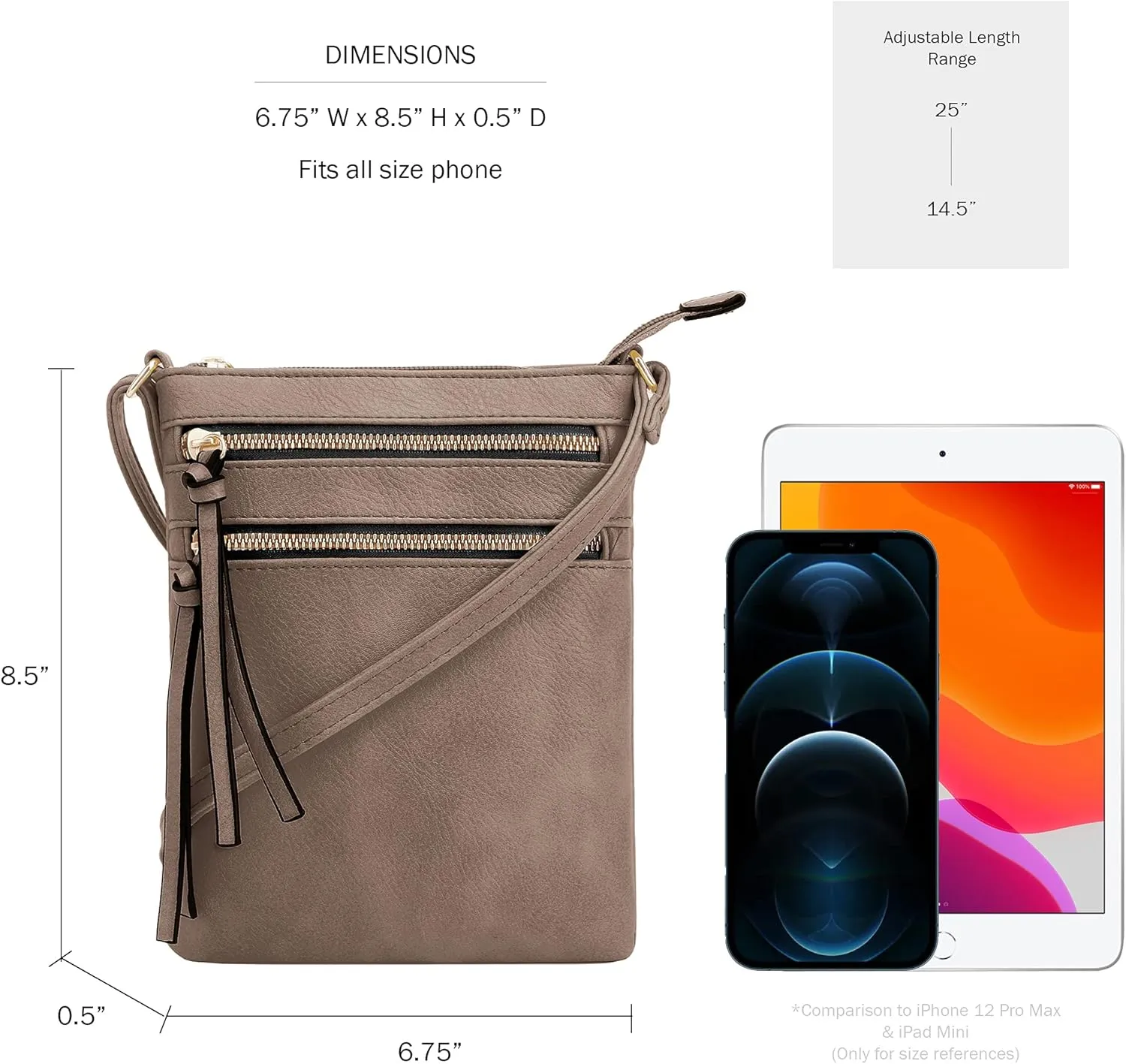 DELUXITY | Crossbody Purse Bag | Functional Multi Pocket Double Zipper Purse | Adjustable Strap | Medium Size Purse |Dark Taupe