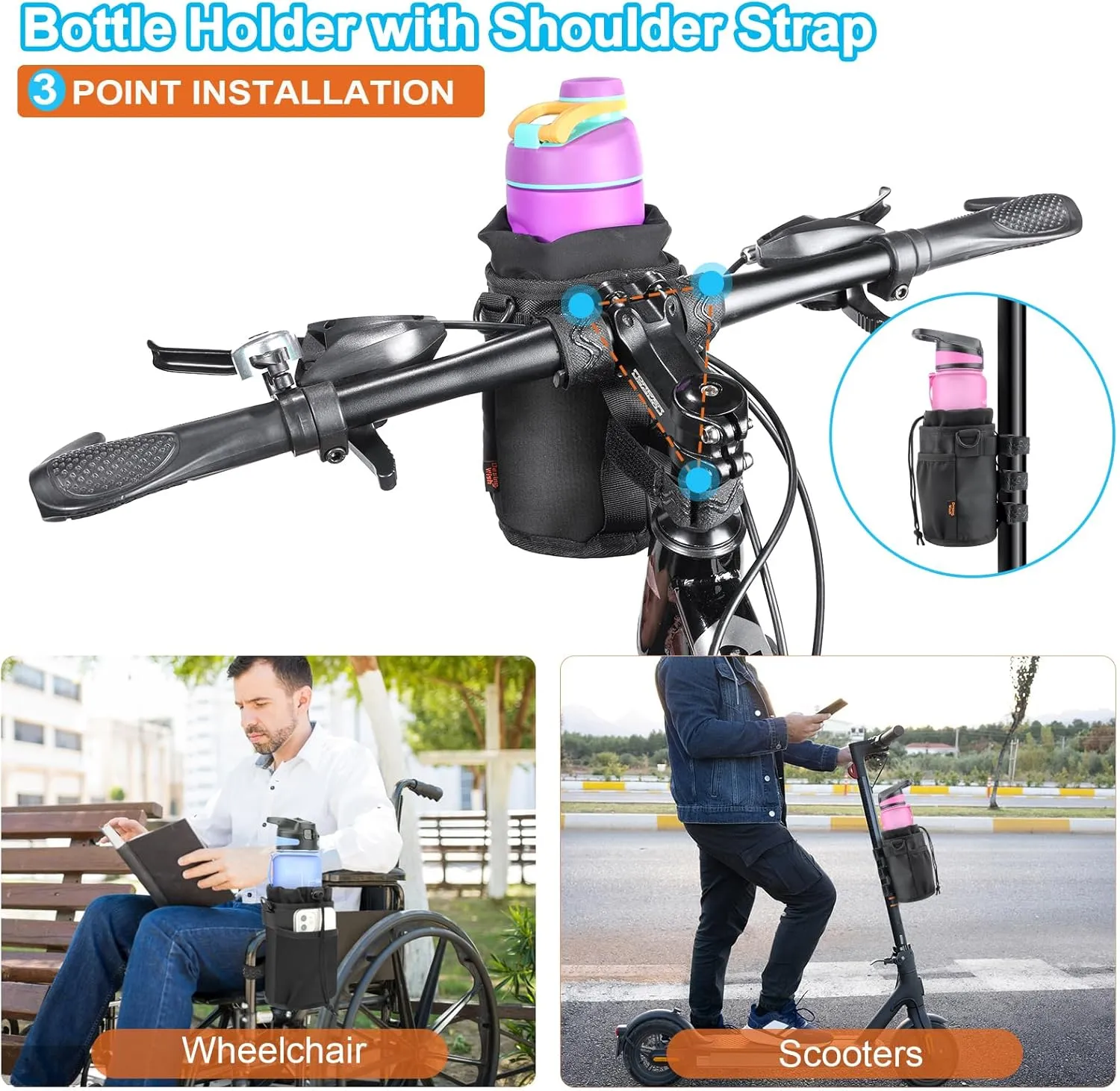 Desing Wish Bike Water Bottle Holder 32oz - 40oz Bike Cup Holder Multi-Holes Installing Insulated Water Bottle Holder for Bike with Removable Non-Slip Hook&Loop Fasteners and Shoulder Strap (Black)