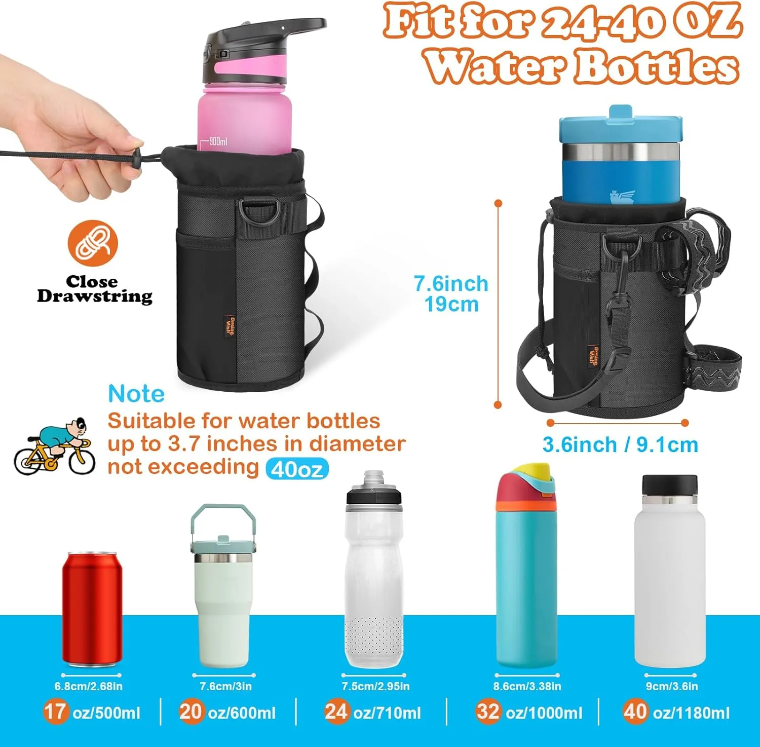 Desing Wish Bike Water Bottle Holder 32oz - 40oz Bike Cup Holder Multi-Holes Installing Insulated Water Bottle Holder for Bike with Removable Non-Slip Hook&Loop Fasteners and Shoulder Strap (Black)